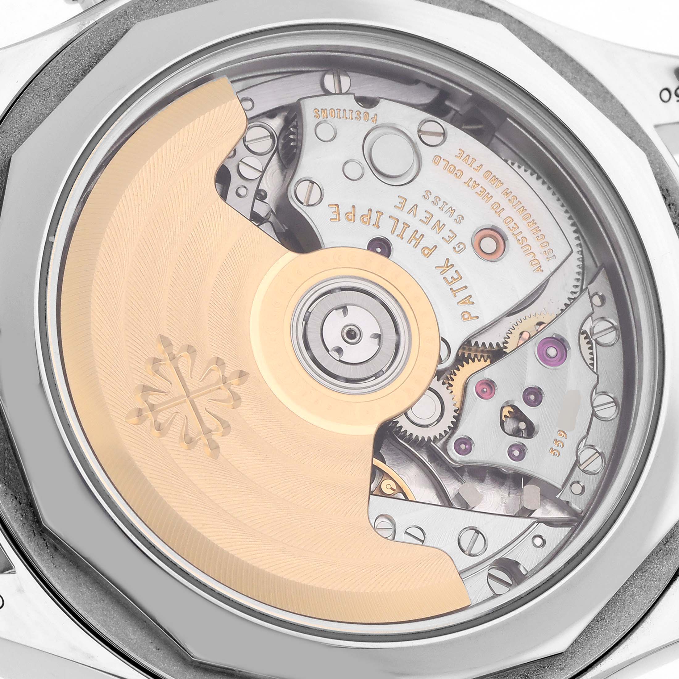 The image shows the back of the Patek Philippe Complications 5960P-015 Men
s Platinum Blue Dial watch, highlighting its automatic movement and rotor.