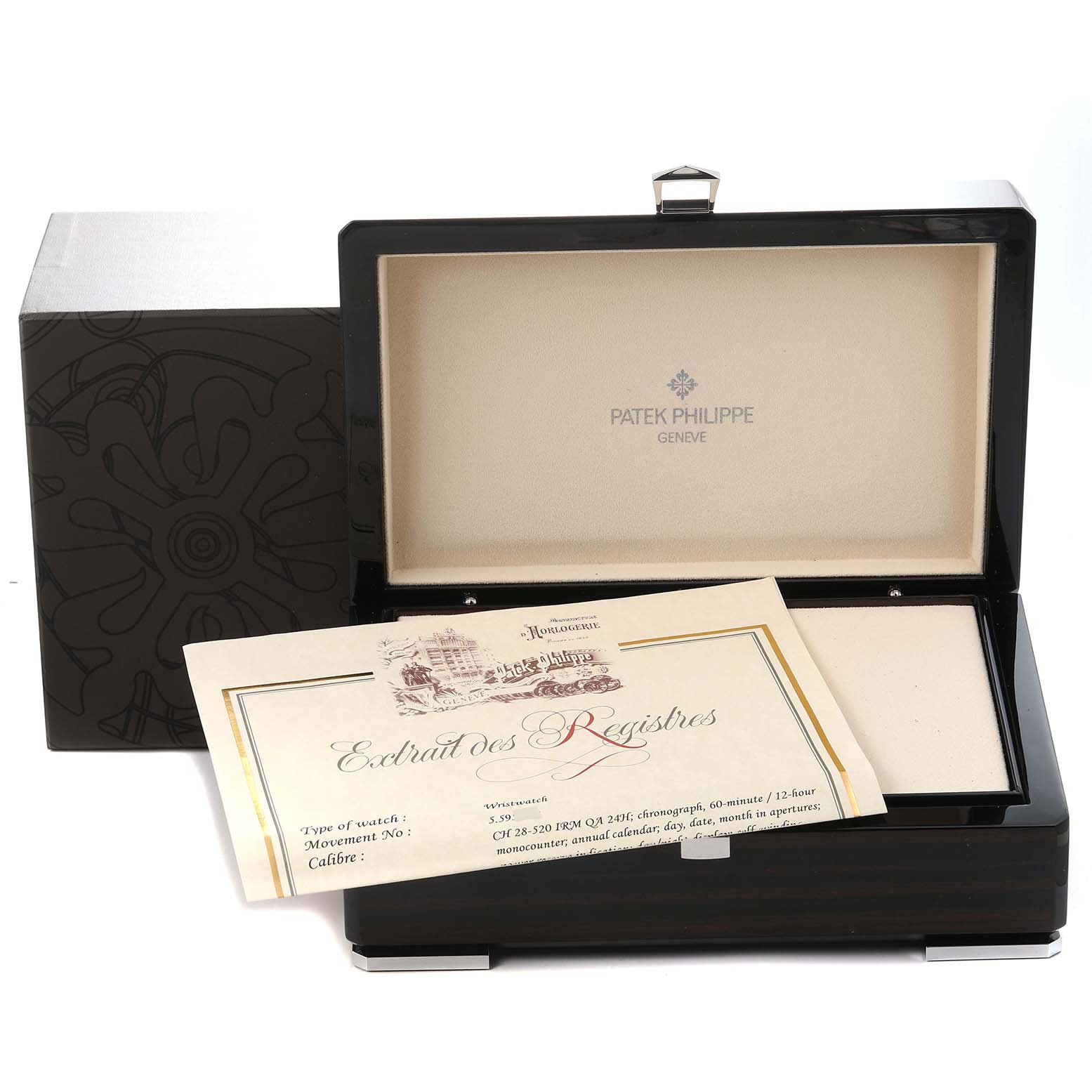 The image shows the open presentation box for a Patek Philippe Complications 5960P-015 Men
s Platinum Blue Dial watch with accompanying documentation inside.