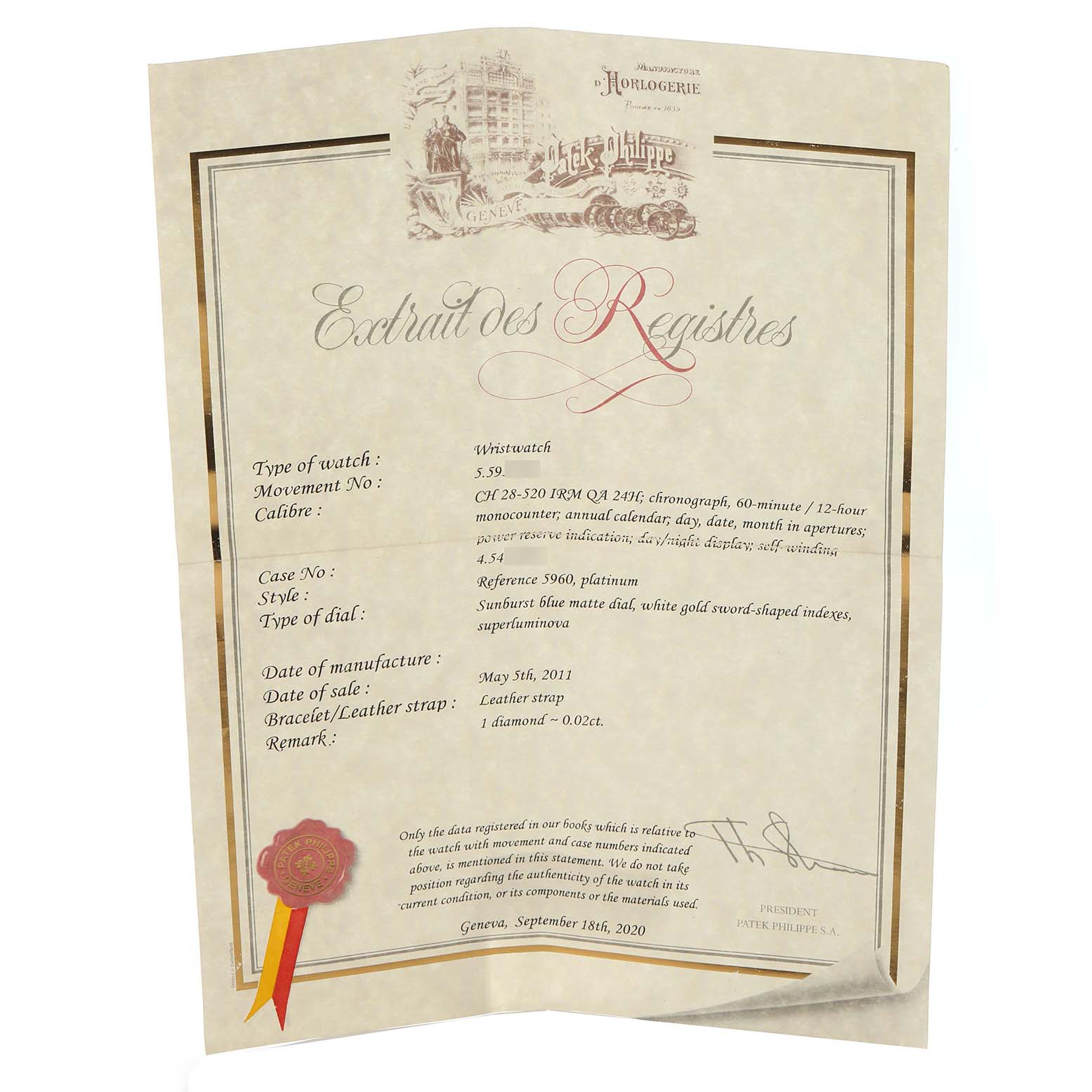 The image shows a Patek Philippe Complications 5960P-015 Men
s Platinum Blue Dial watch certificate, angled slightly to reveal text and details.