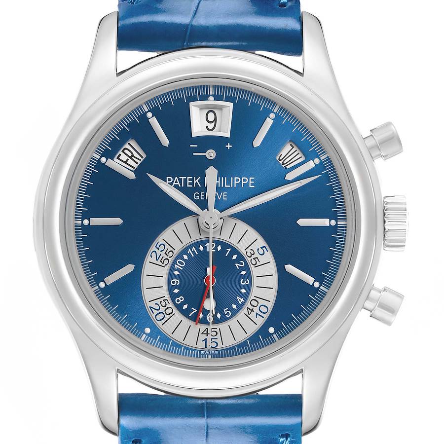 The Patek Philippe Complications 5960P-015 Men's Platinum Blue Dial watch is shown from the front, highlighting its blue dial, subdials, and silver casing.