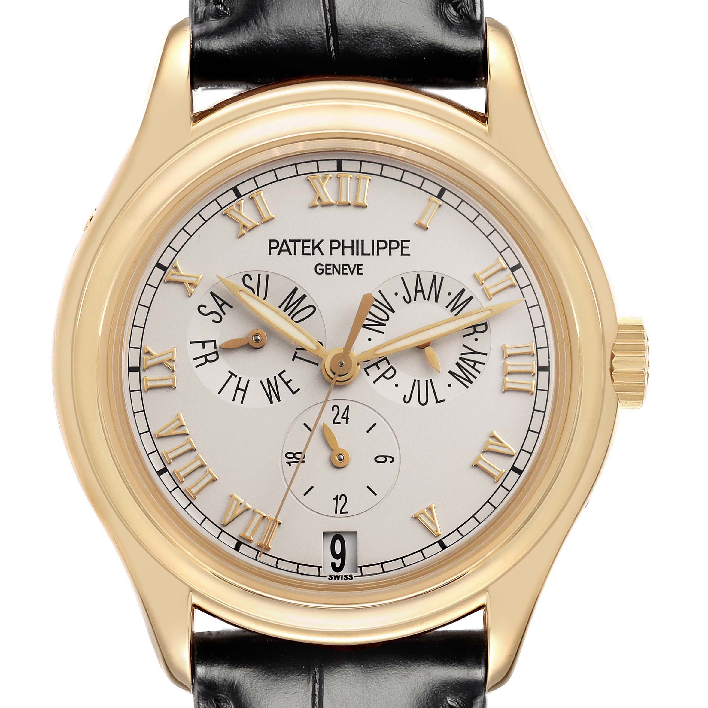 The image shows a front view of the Patek Philippe Complications 5035J-001 Men's Yellow Gold White Dial 5035J-001 Men's Yellow Gold White Dial watch, highlighting its dial, hands, and strap.