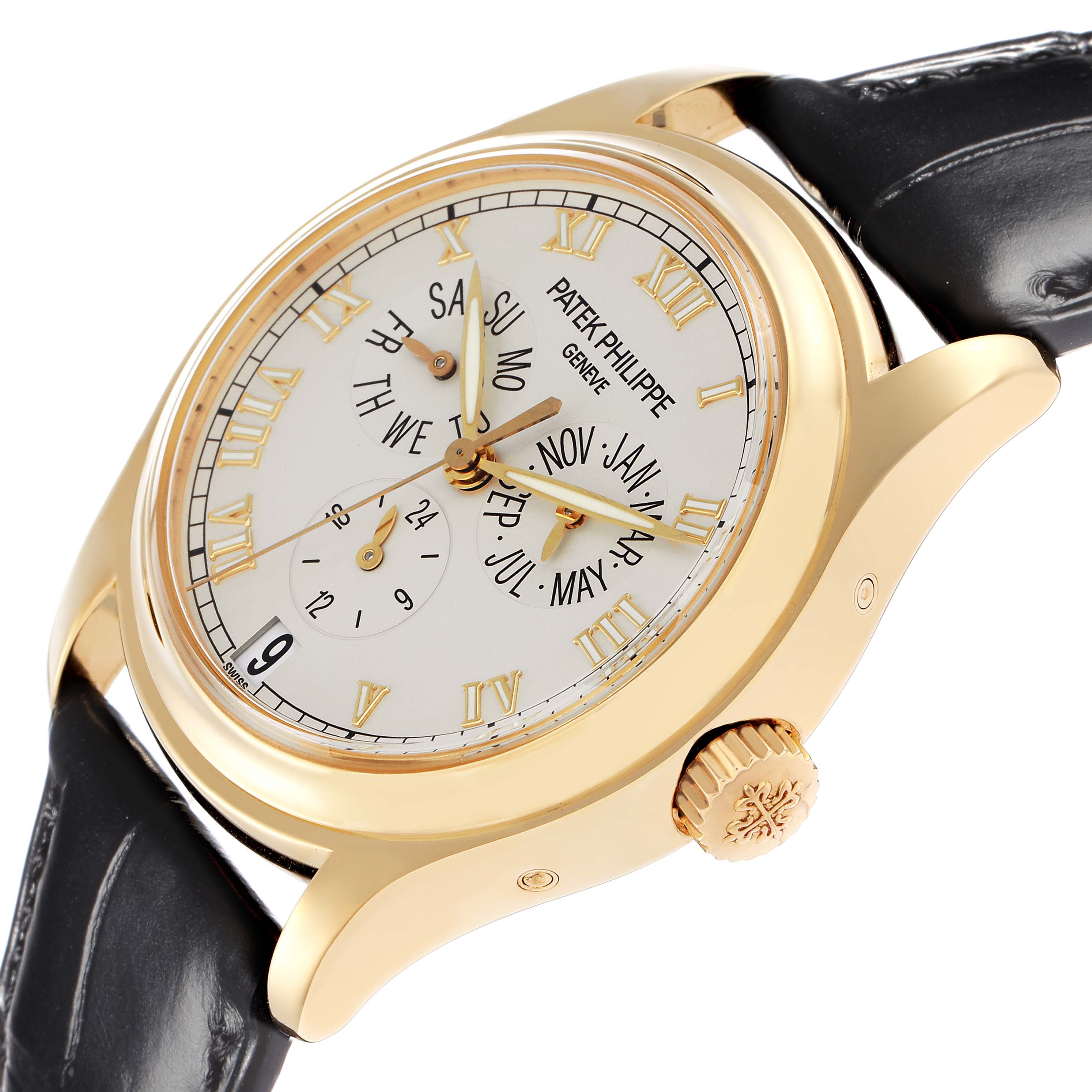 The Patek Philippe Complications 5035J-001 Men's Yellow Gold White Dial 5035J-001 Men's Yellow Gold White Dial watch is shown at a slight angle, highlighting the dial, case, crown, and leather strap.