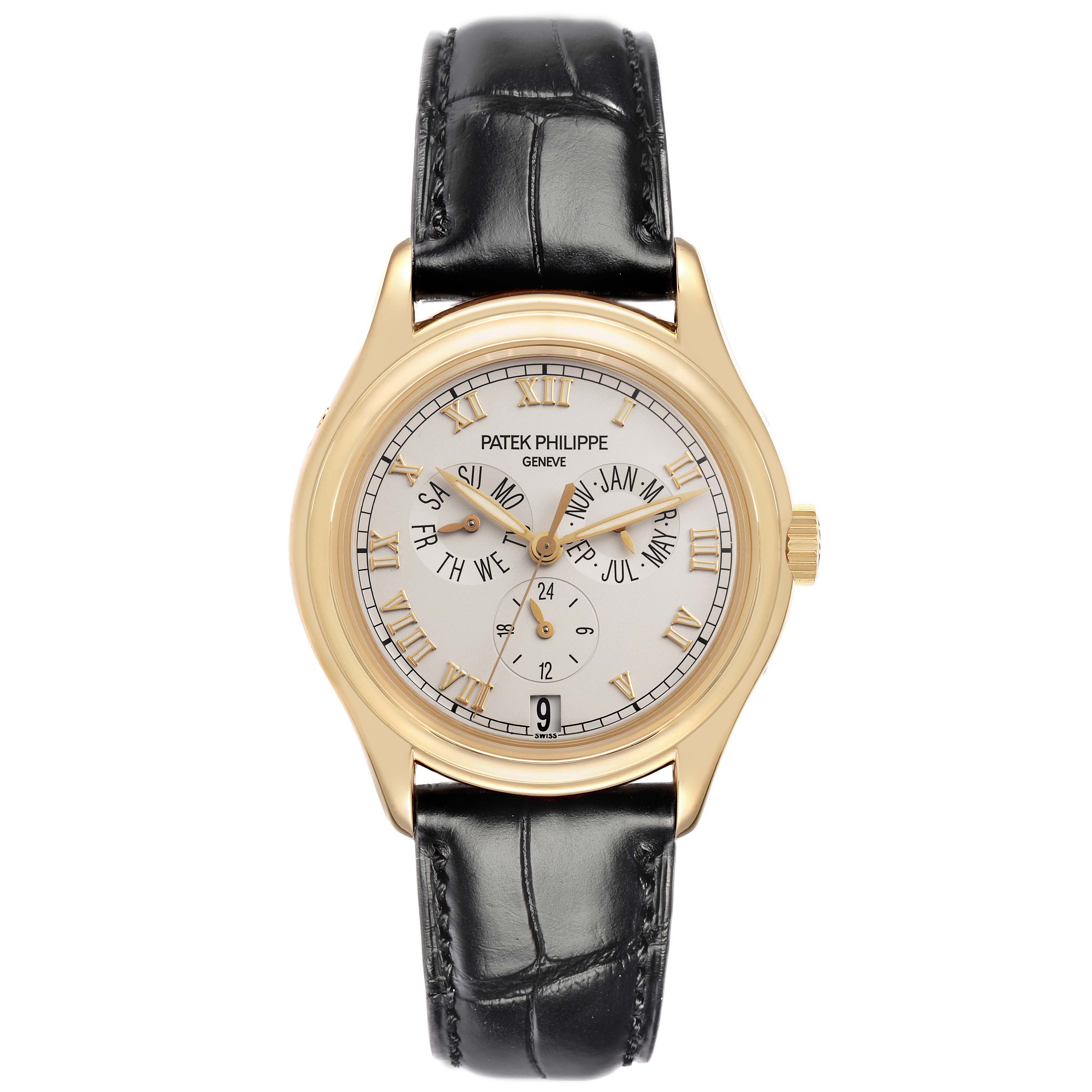 The Patek Philippe Complications 5035J-001 Men's Yellow Gold White Dial 5035J-001 Men's Yellow Gold White Dial watch is shown from a front angle, highlighting the dial, gold casing, and black leather strap.