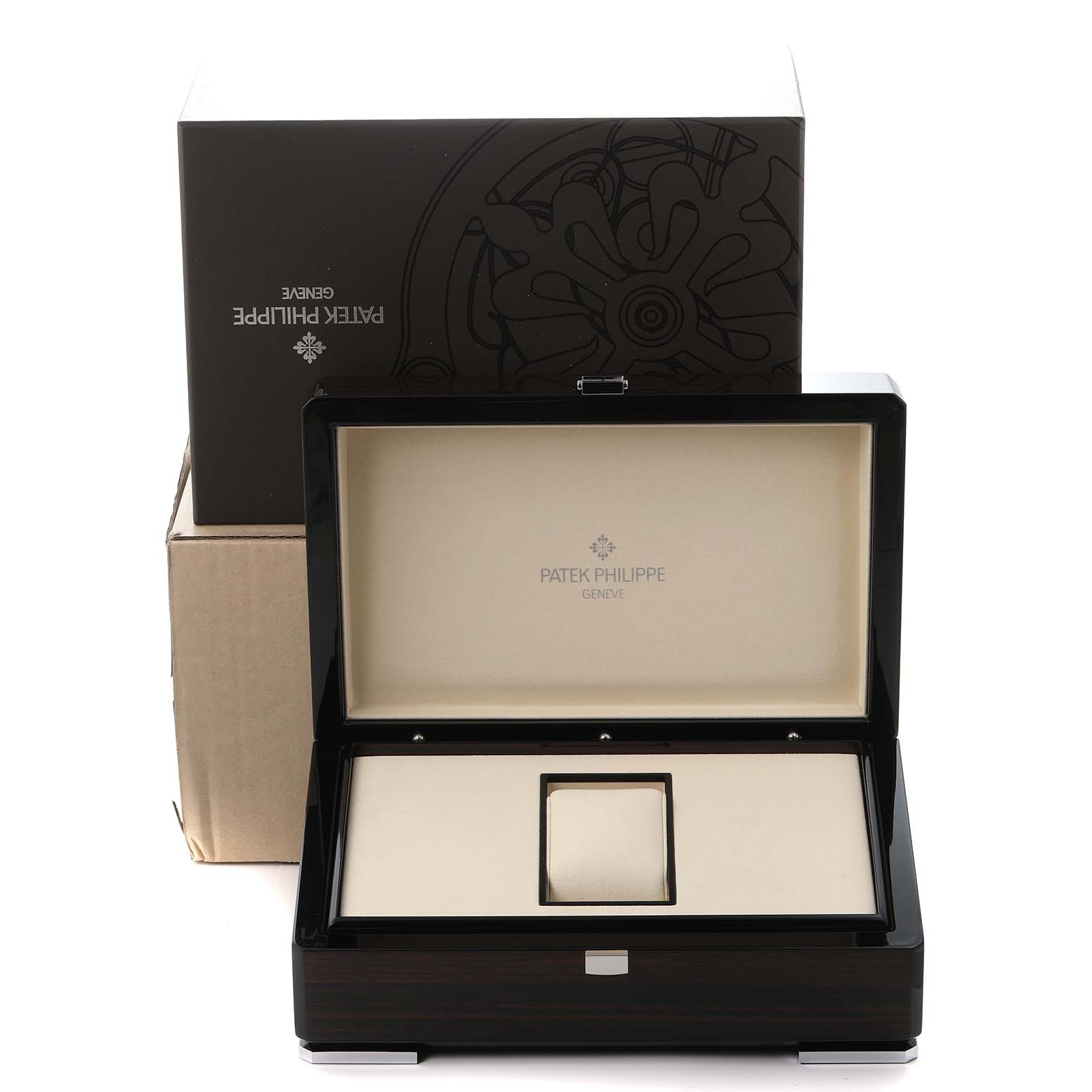 The image shows a Patek Philippe Complications 5035J-001 Men's Yellow Gold White Dial 5035J-001 Men's Yellow Gold White Dial watch box and packaging, viewed from the front with an open lid.