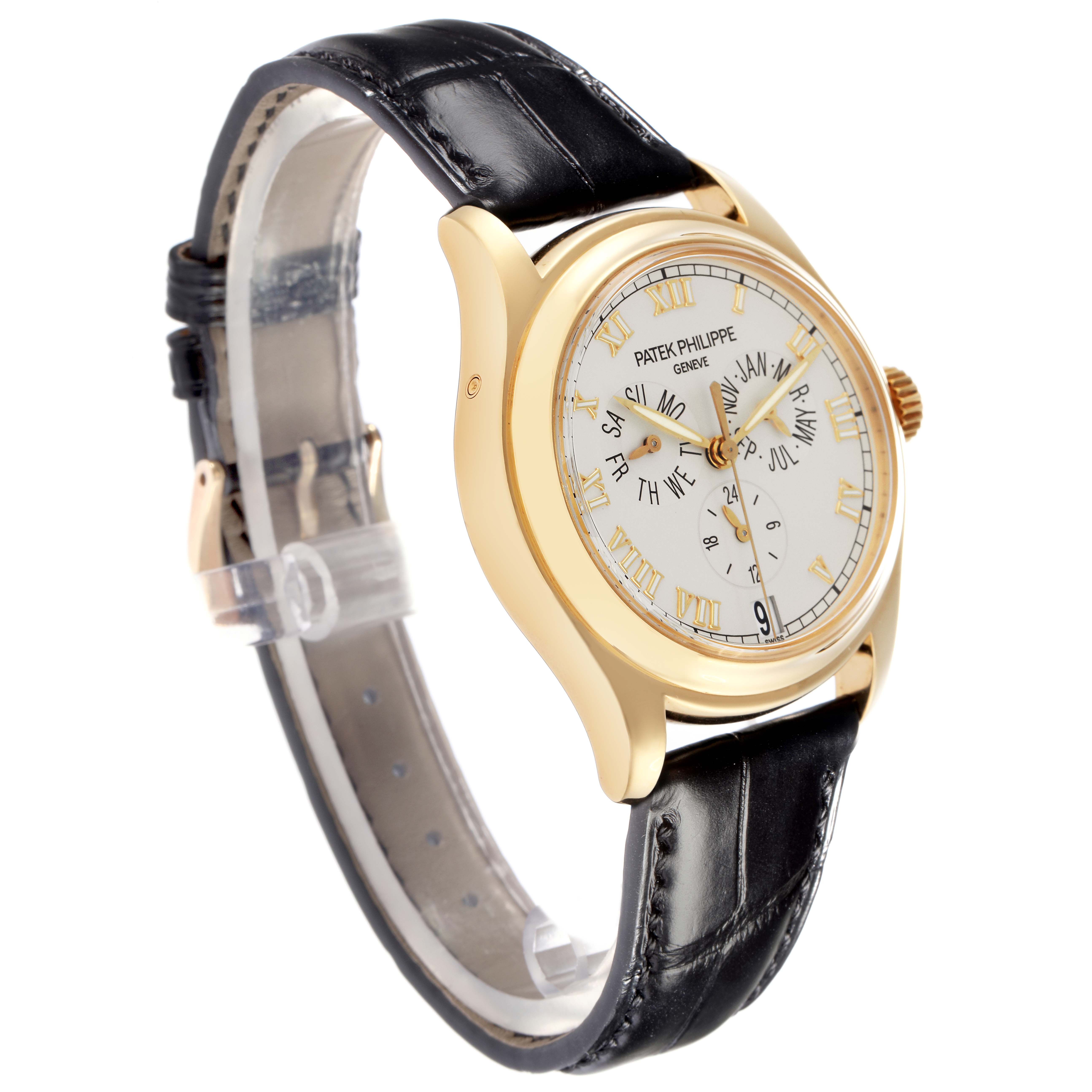The Patek Philippe Complications 5035J-001 Men's Yellow Gold White Dial 5035J-001 Men's Yellow Gold White Dial watch is shown at a slight angle, highlighting the gold case, white dial, and black leather strap.
