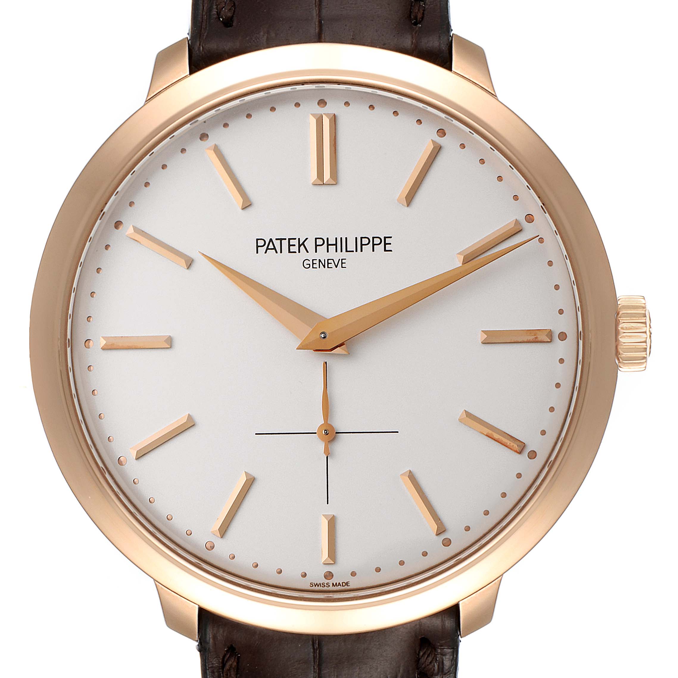 The image shows the front view of a Patek Philippe Calatrava 5123R-001 Men's Rose Gold Silver Dial 5123R-001 Men's Rose Gold Silver Dial watch, displaying the face, hands, markers, crown, and part of the strap.
