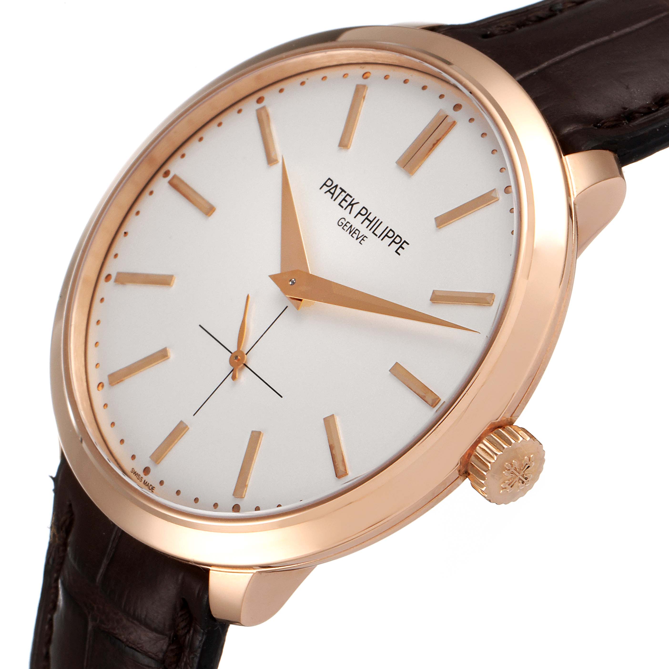 The image shows a Calatrava model watch by Patek Philippe from a side angle, highlighting the dial, crown, and part of the strap.