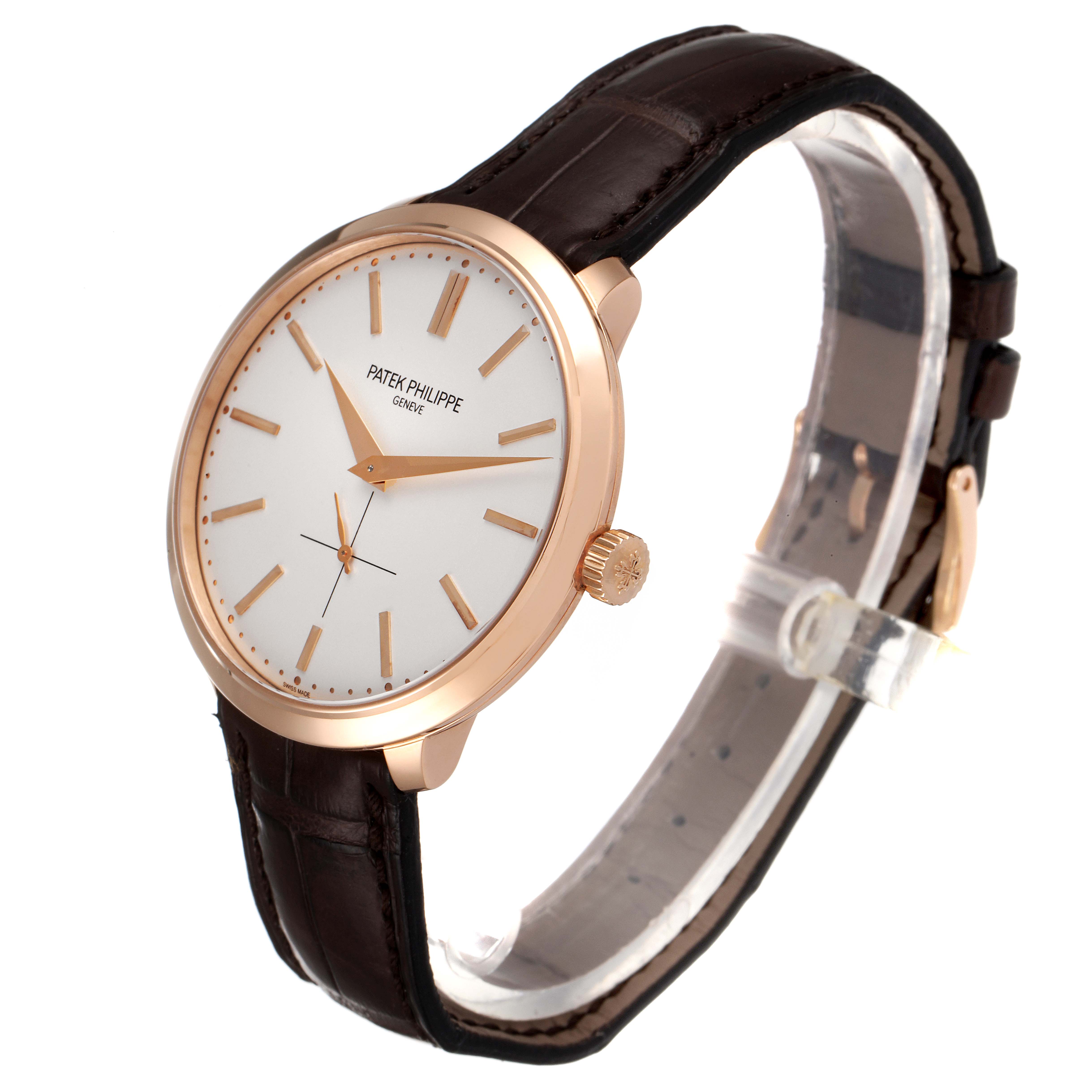 The image shows the Patek Philippe Calatrava 5123R-001 Men's Rose Gold Silver Dial 5123R-001 Men's Rose Gold Silver Dial watch at a three-quarter angle, displaying its dial, crown, case, and leather strap.