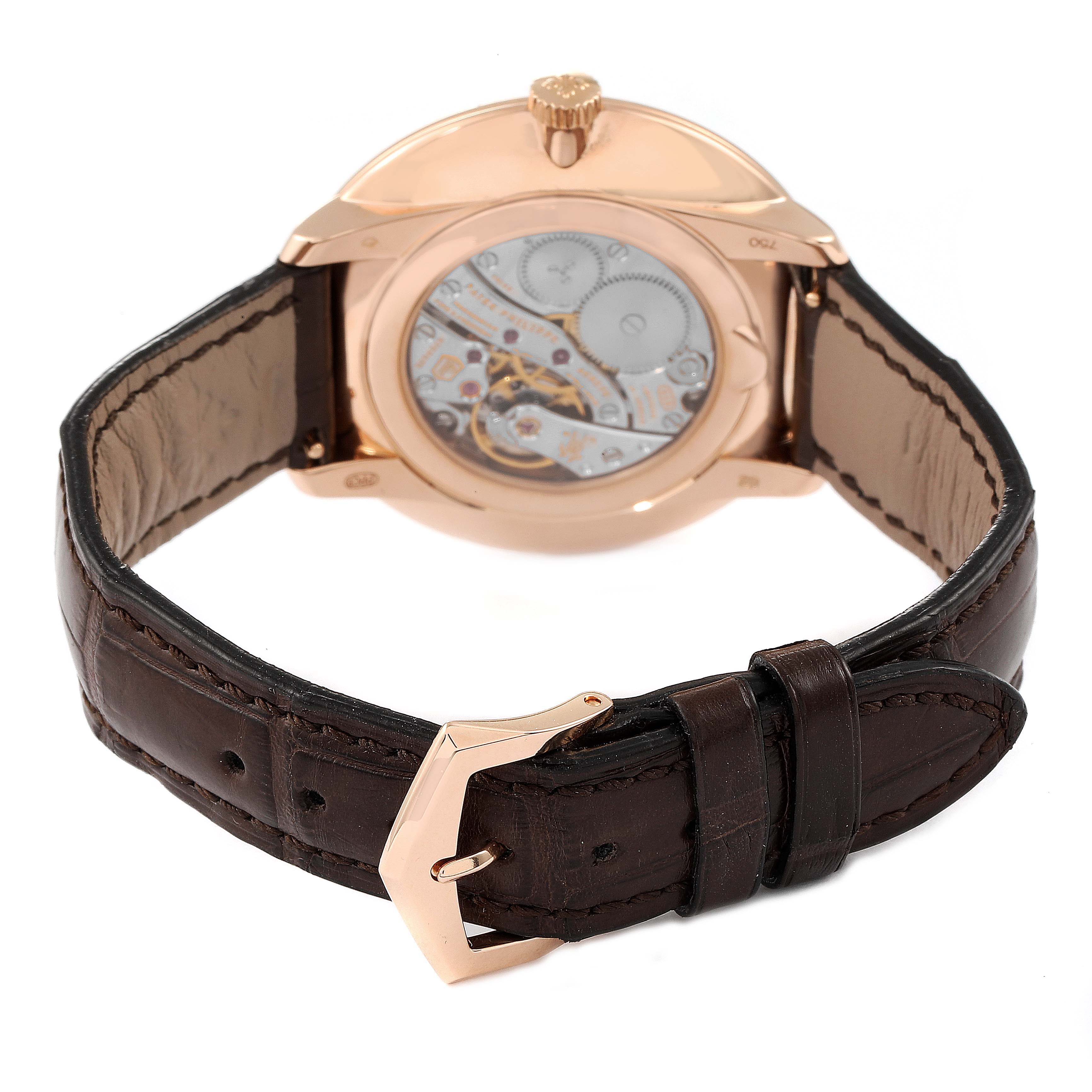 The image shows the back view of a Patek Philippe Calatrava 5123R-001 Men's Rose Gold Silver Dial 5123R-001 Men's Rose Gold Silver Dial watch, highlighting the strap, buckle, and transparent case back.