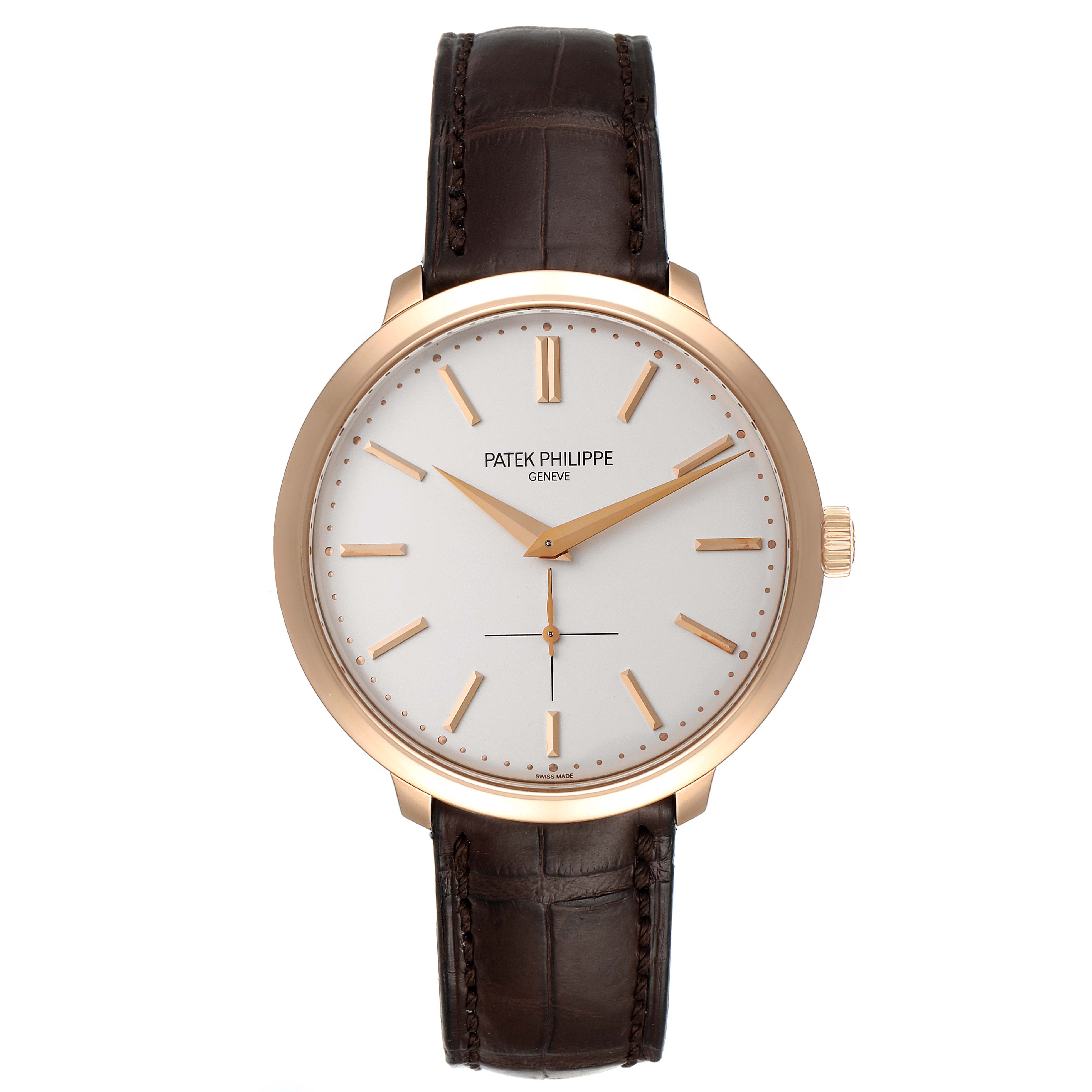 The image shows a front view of a Patek Philippe Calatrava 5123R-001 Men's Rose Gold Silver Dial 5123R-001 Men's Rose Gold Silver Dial watch, featuring a white dial, gold markers, and a brown leather strap.