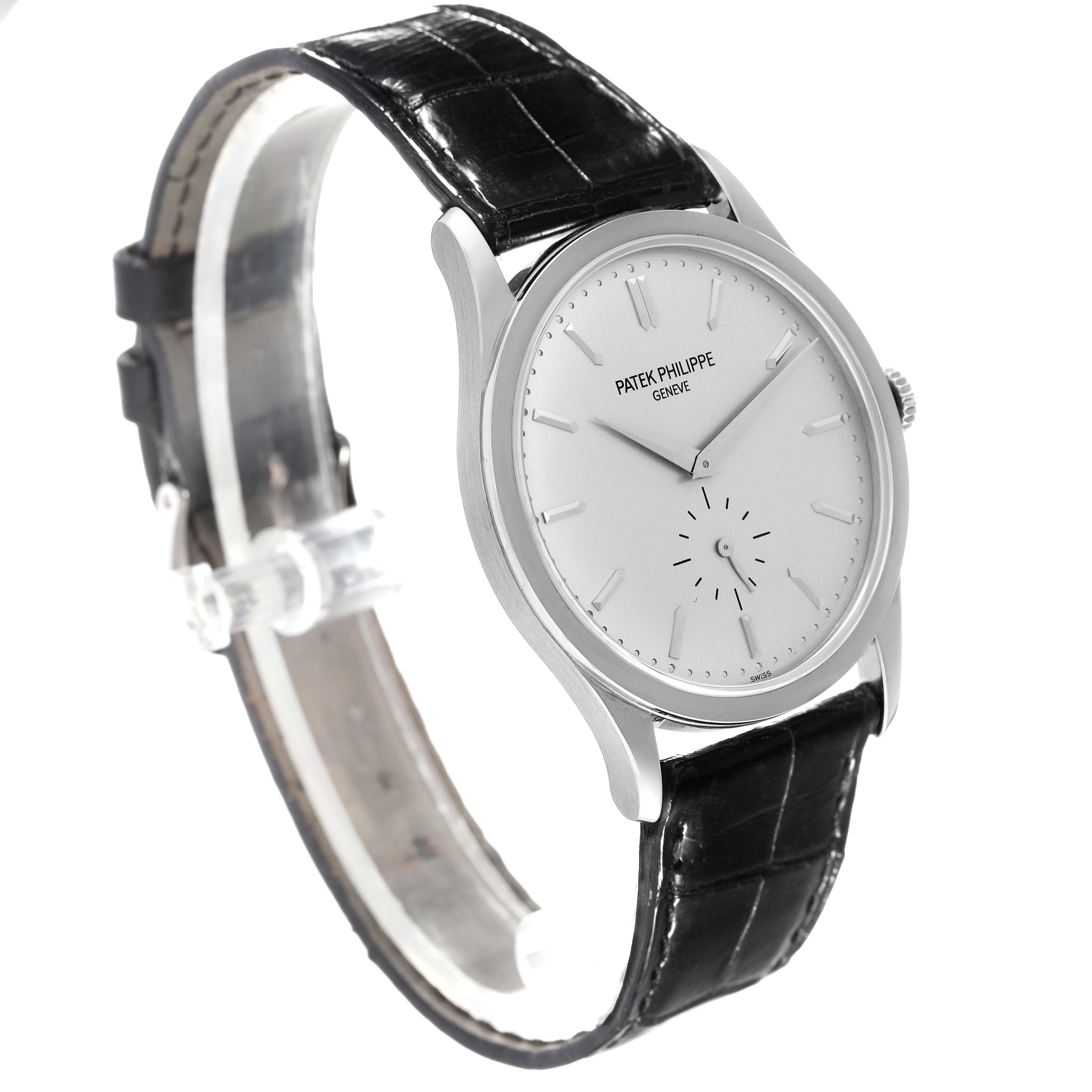 This image shows a side and frontal view of the Patek Philippe Calatrava 5196G Men
s White Gold Silver Dial 5196G Men
s White Gold Silver Dial watch with a black leather strap.