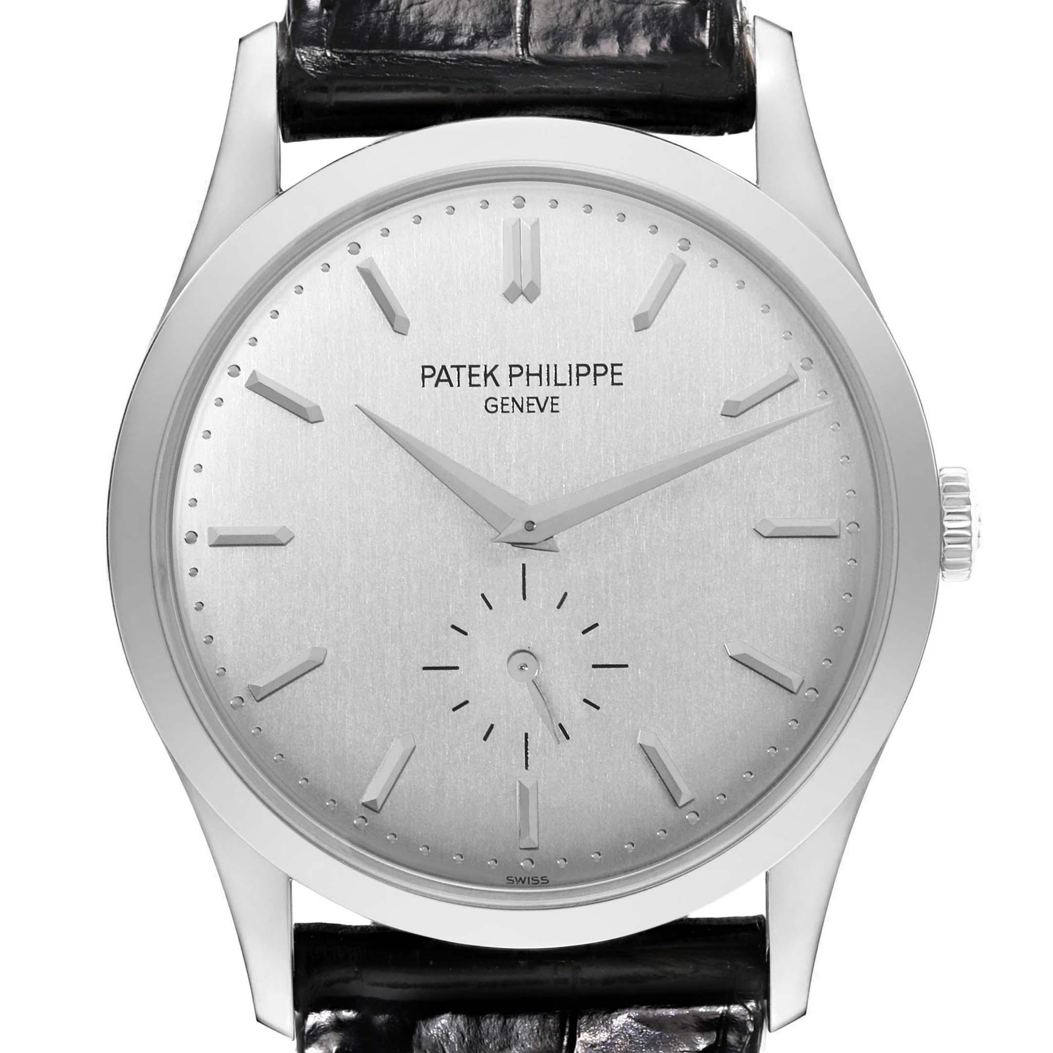 The image shows a front-facing view of the dial and case of a Patek Philippe Calatrava 5196G Men
s White Gold Silver Dial 5196G Men
s White Gold Silver Dial watch with a leather strap.