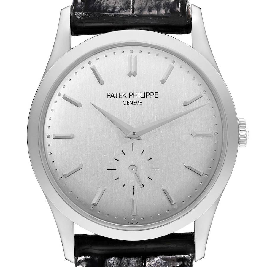 The image shows a front-facing view of the dial and case of a Patek Philippe Calatrava watch with a leather strap.