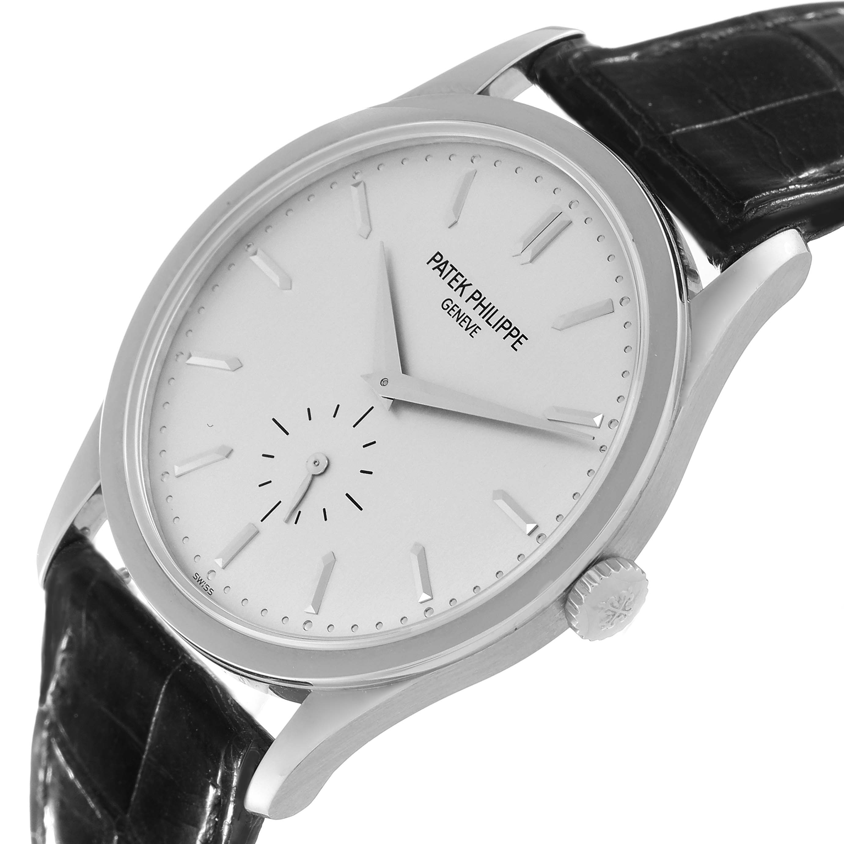 The image shows a close-up, angled view of the face and crown of a Patek Philippe Calatrava 5196G Men
s White Gold Silver Dial 5196G Men
s White Gold Silver Dial watch with a leather strap.
