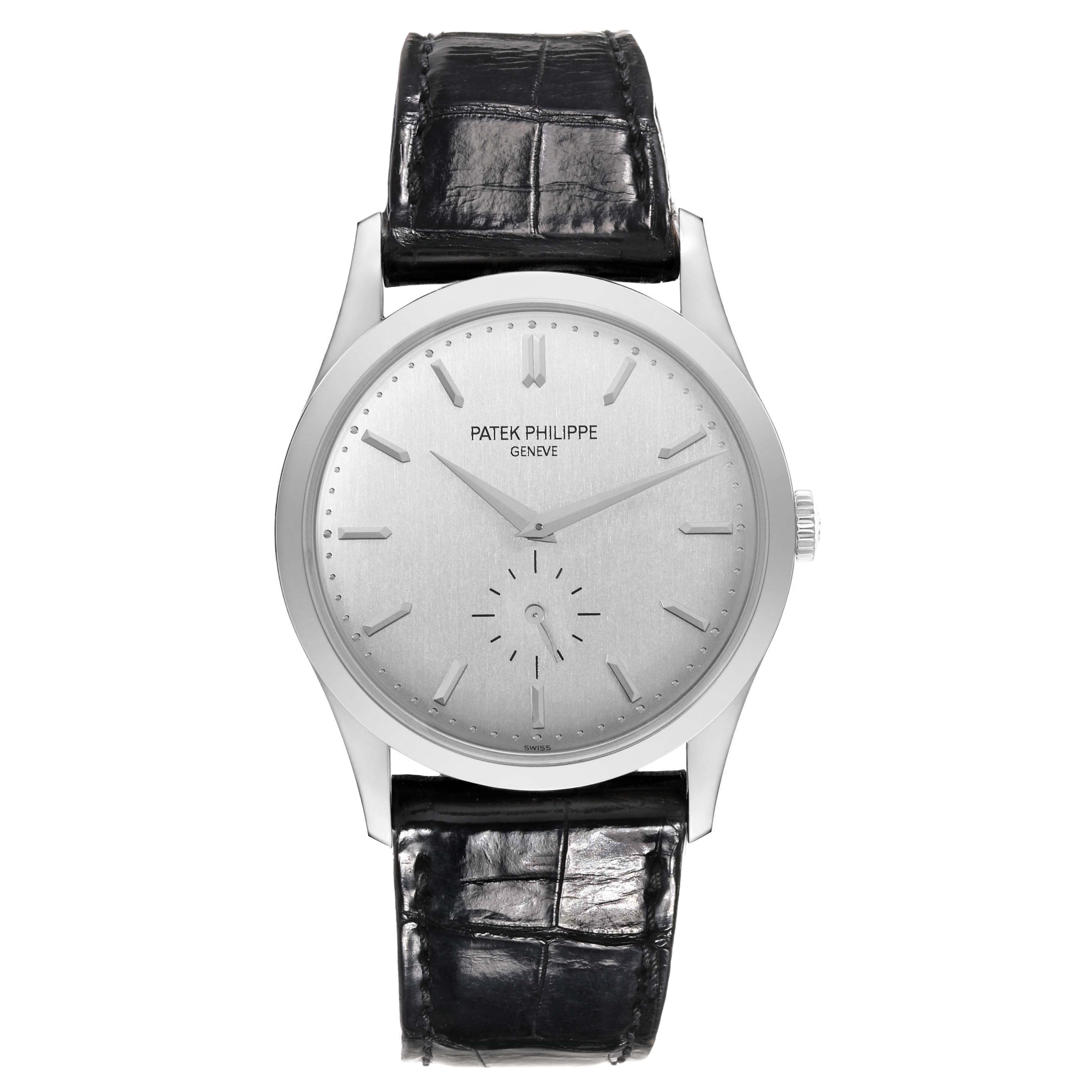 This image shows a front view of a Patek Philippe Calatrava 5196G Men
s White Gold Silver Dial 5196G Men
s White Gold Silver Dial watch, displaying its dial, hour markers, hands, and leather strap.