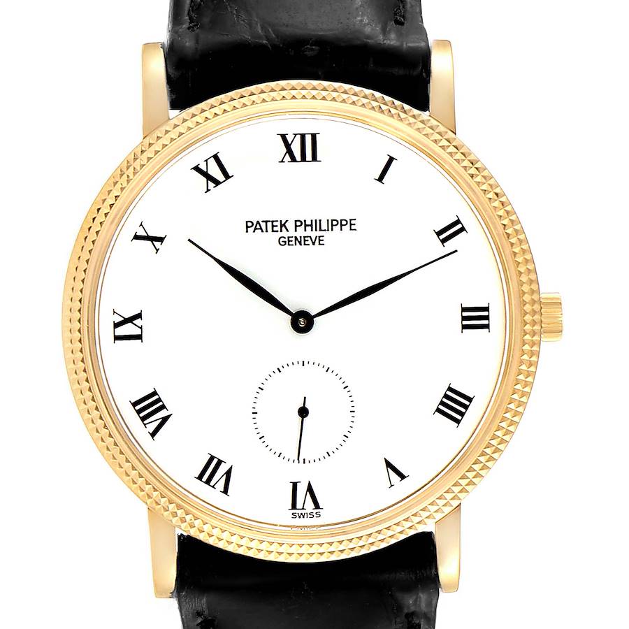 The image shows a front view of a Patek Philippe Calatrava watch, highlighting its dial, hands, and case.