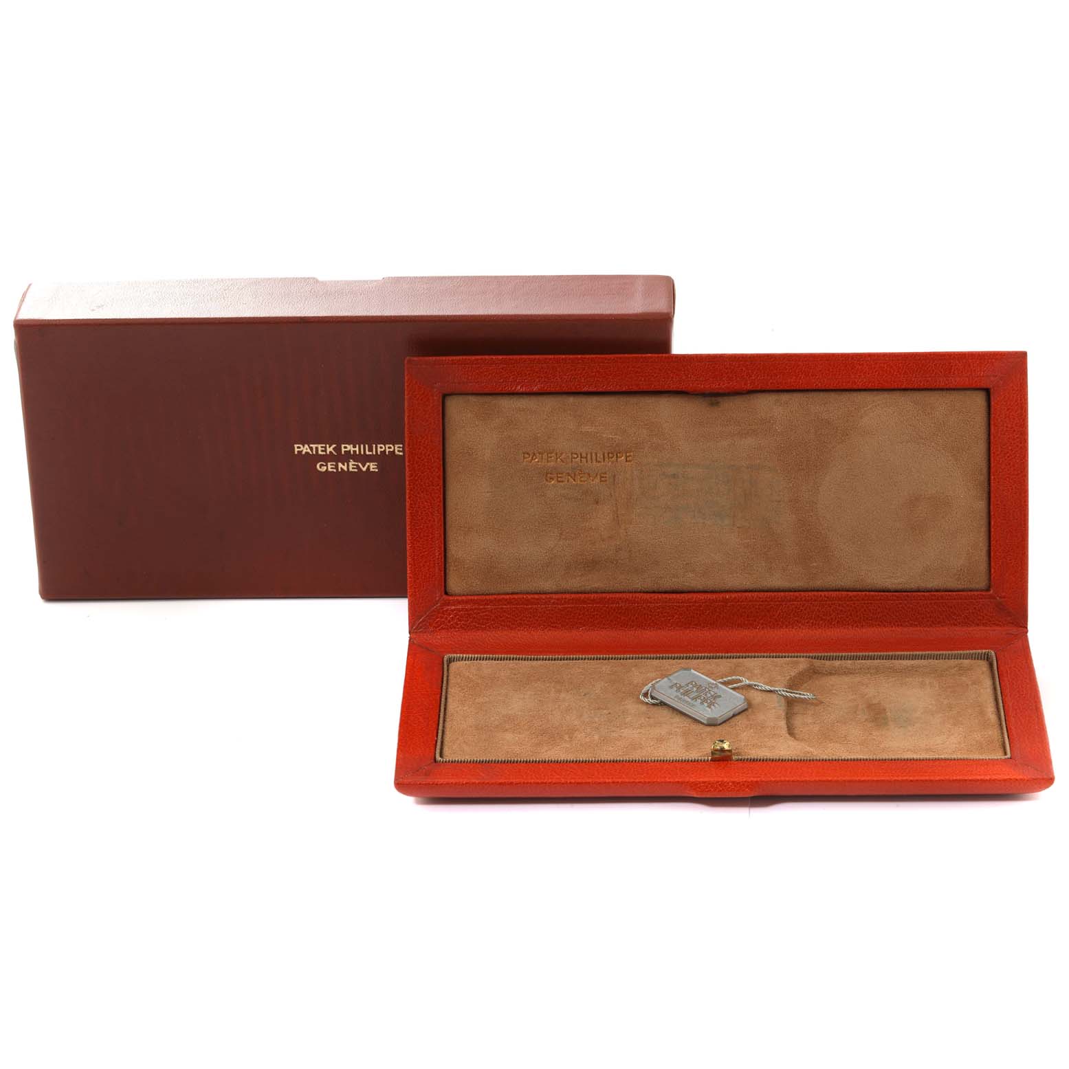 The image shows an opened and closed Patek Philippe Calatrava 3919J Men's Yellow Gold White Dial 3919J Men's Yellow Gold White Dial watch box, displaying the exterior and interior compartments.