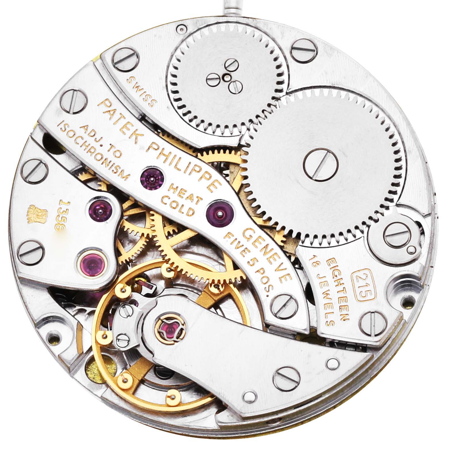 This image shows the intricate movement mechanism of the Patek Philippe Calatrava 3919J Men's Yellow Gold White Dial 3919J Men's Yellow Gold White Dial watch.