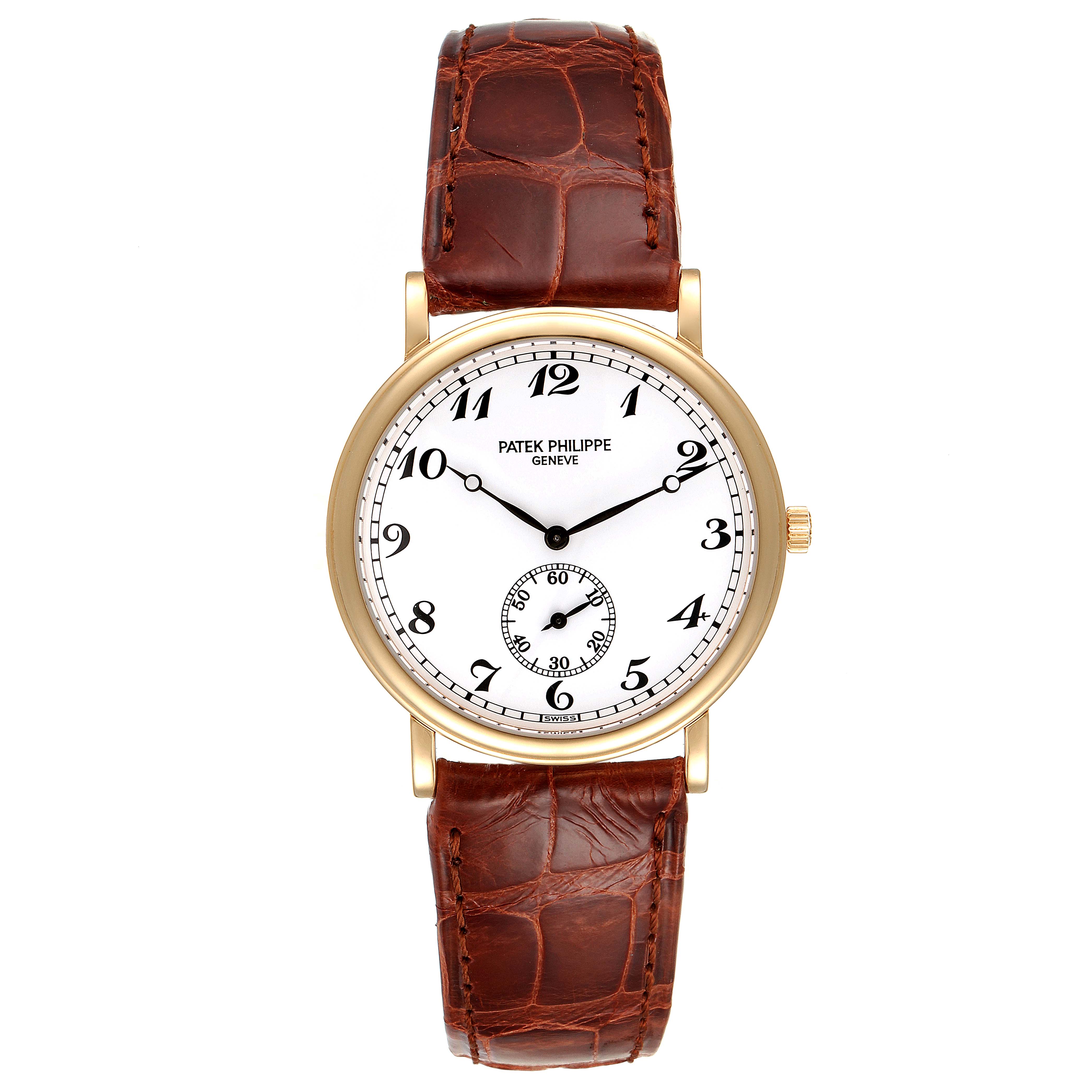The image shows a Patek Philippe Calatrava 5022 Men's Yellow Gold White Dial 5022 Men's Yellow Gold White Dial watch from the front, featuring a white dial, roman numerals, and a brown leather strap.