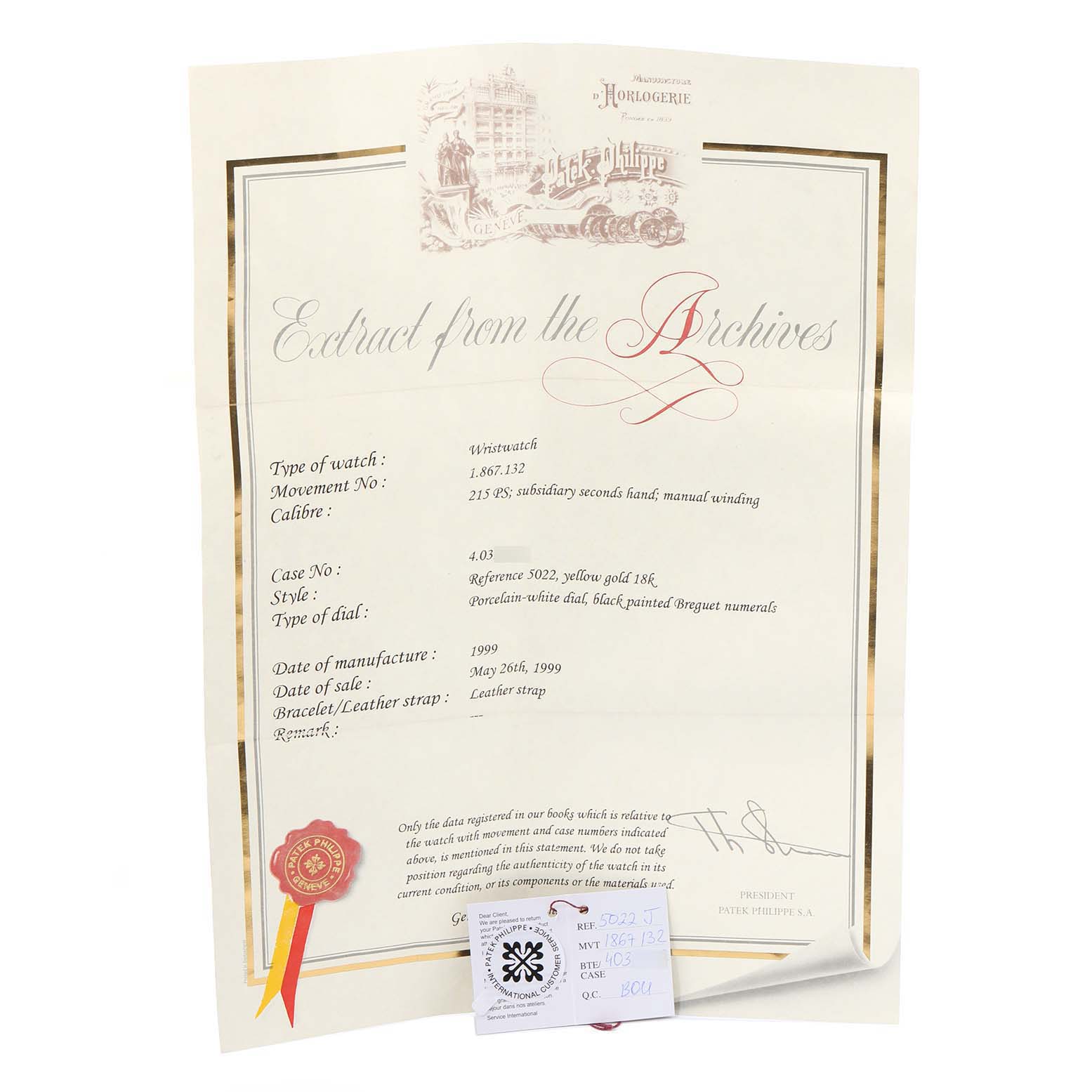 This image shows a certificate of authenticity for a Patek Philippe Calatrava 5022 Men's Yellow Gold White Dial 5022 Men's Yellow Gold White Dial watch, presented flat against a plain background.