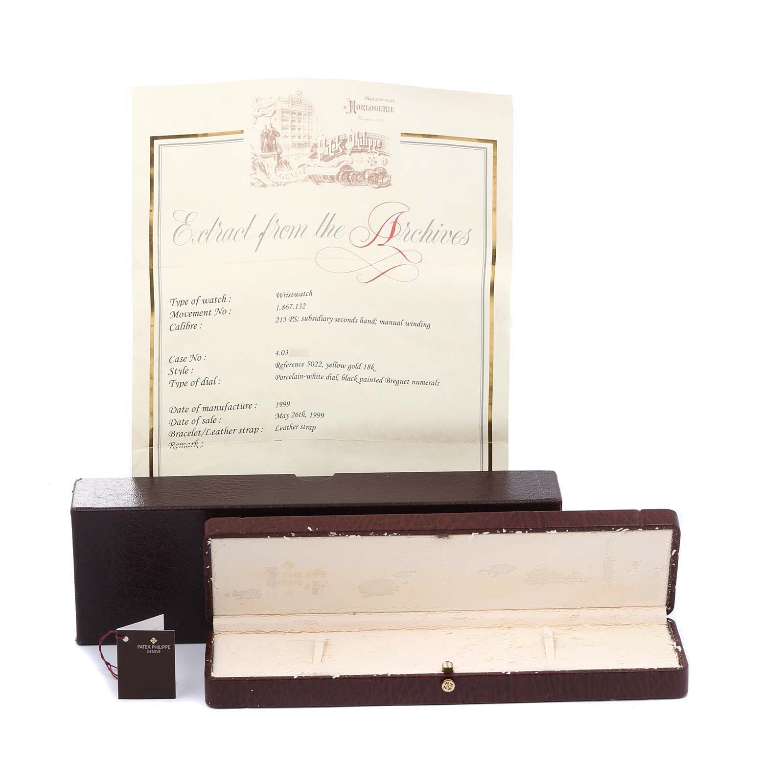 This image shows the documentation and packaging for a Patek Philippe Calatrava 5022 Men's Yellow Gold White Dial 5022 Men's Yellow Gold White Dial watch, including a certificate and a brown watch box.