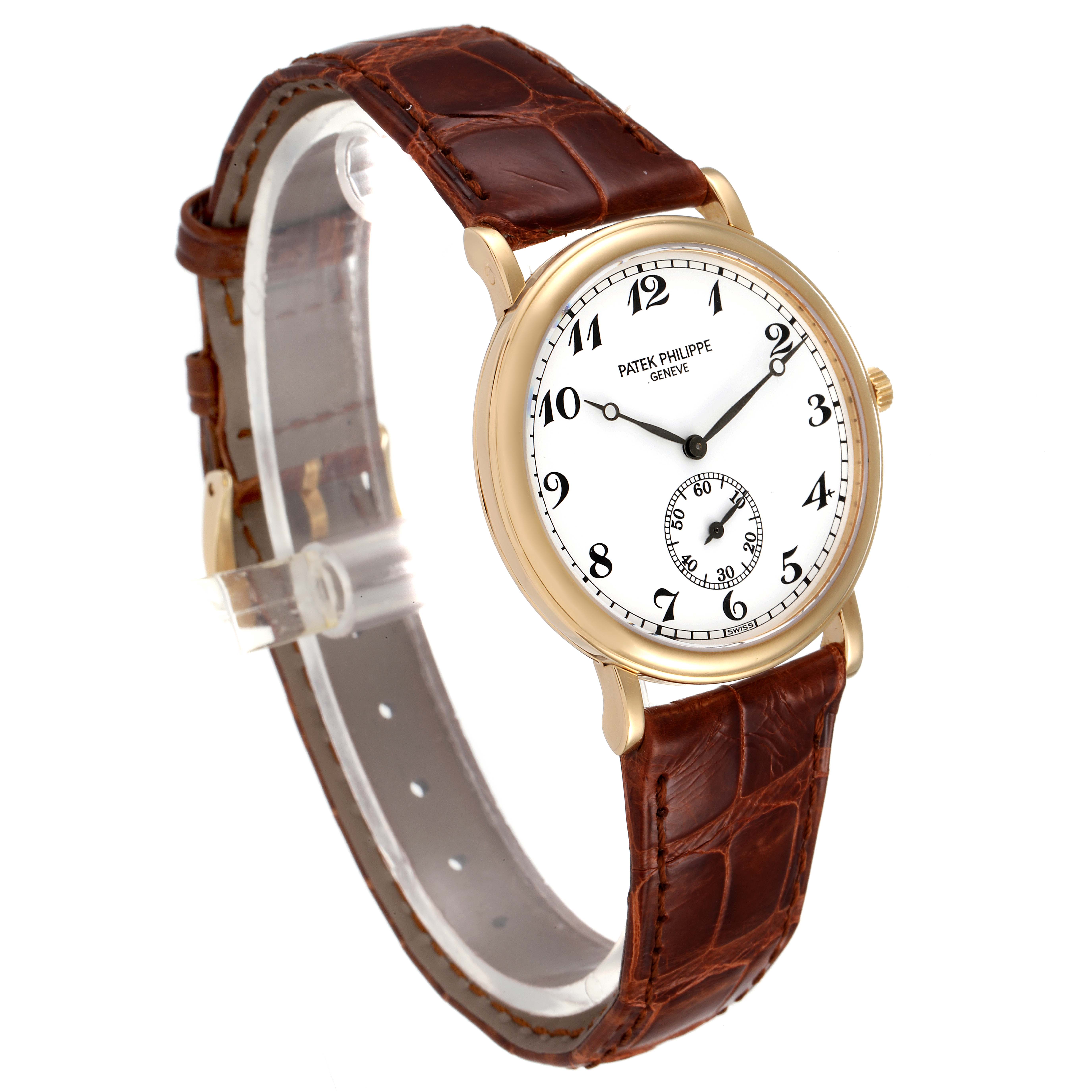 The image shows a side angle of a Patek Philippe Calatrava 5022 Men's Yellow Gold White Dial 5022 Men's Yellow Gold White Dial watch, displaying its white face, brown leather strap, and gold casing.