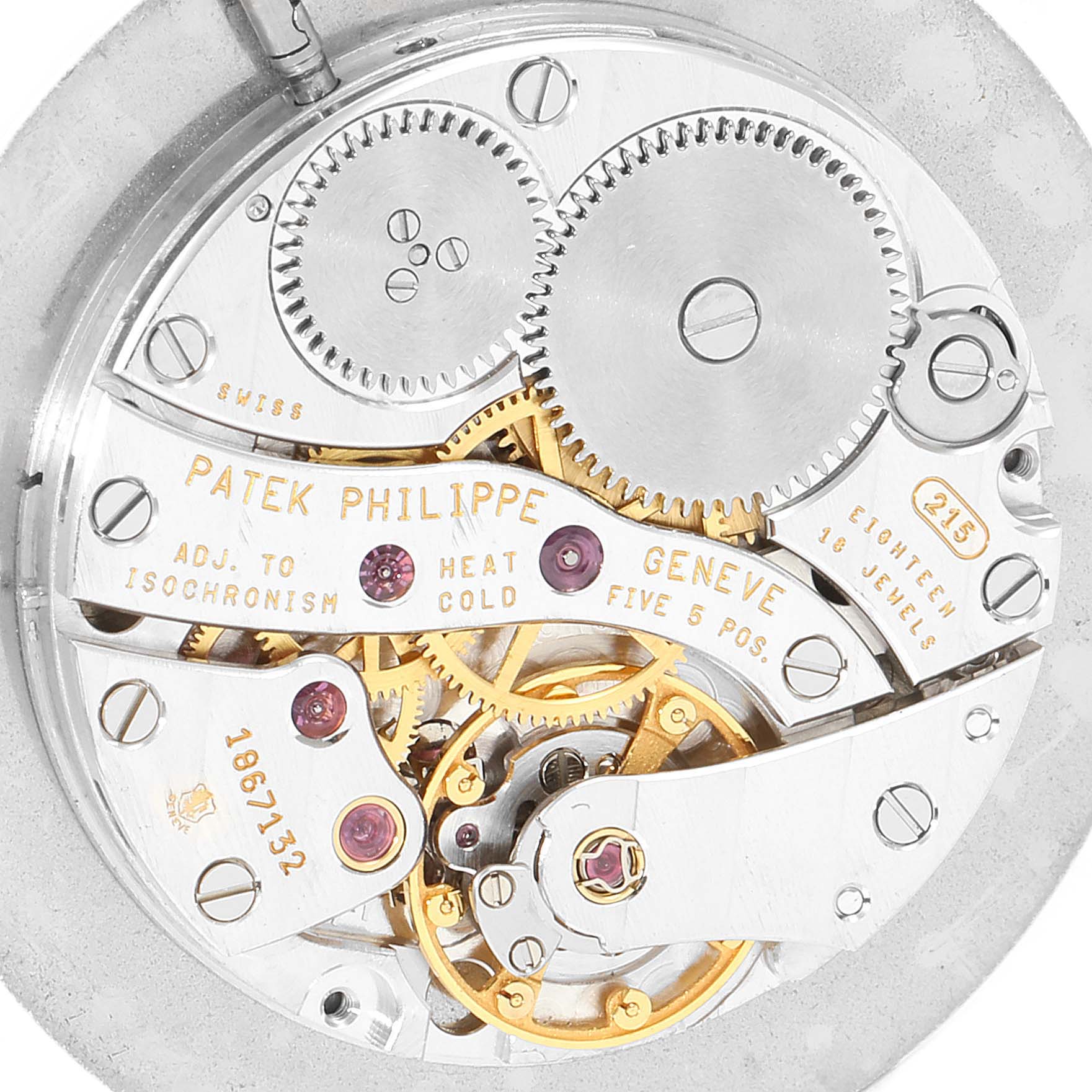 This image shows the close-up, exposed movement mechanism of the Patek Philippe Calatrava 5022 Men's Yellow Gold White Dial 5022 Men's Yellow Gold White Dial watch.