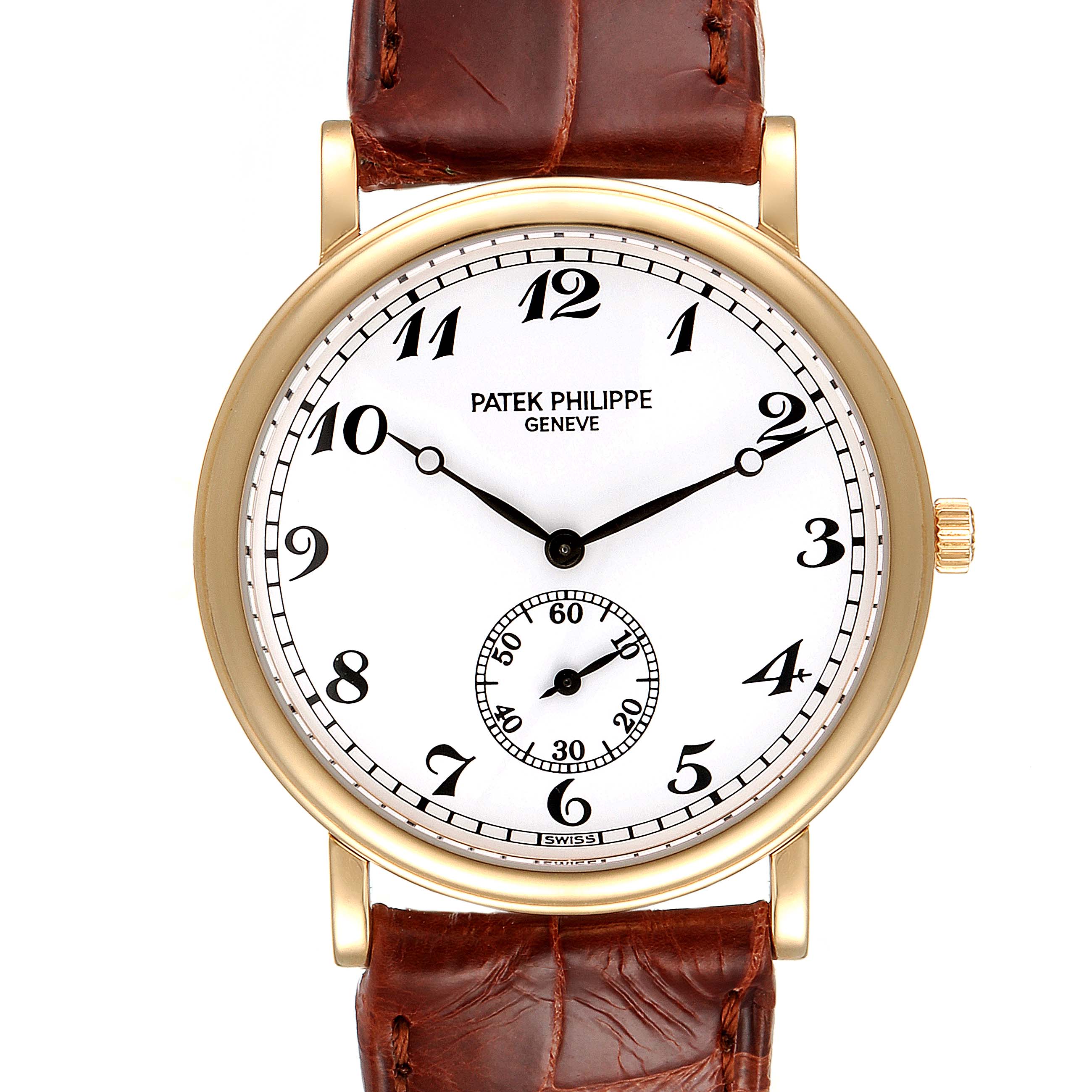 This image shows a front view of the Patek Philippe Calatrava 5022 Men's Yellow Gold White Dial 5022 Men's Yellow Gold White Dial watch, highlighting its dial, hands, and leather strap.