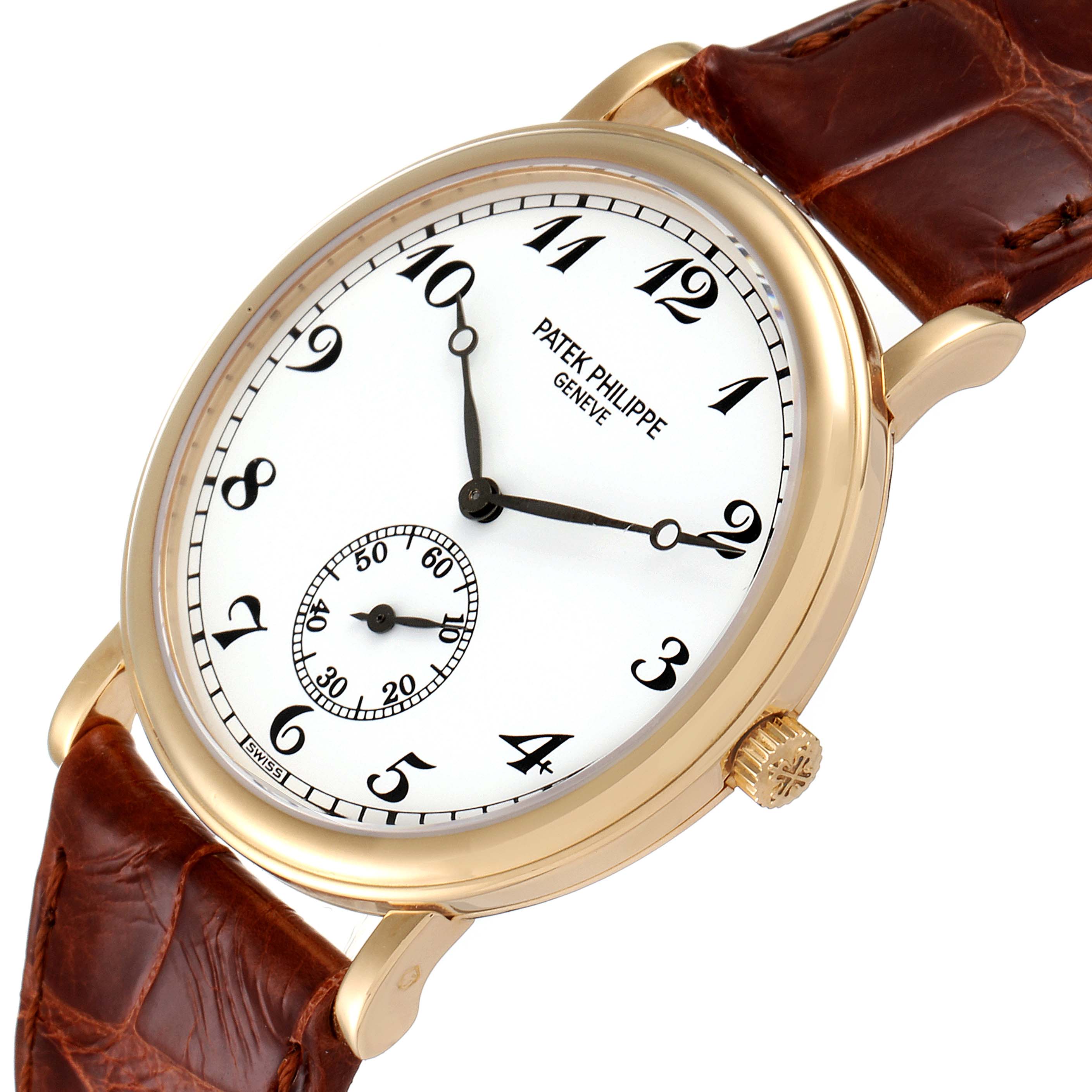 This Patek Philippe Calatrava 5022 Men's Yellow Gold White Dial 5022 Men's Yellow Gold White Dial watch is shown at an oblique angle, highlighting the white dial, brown leather strap, and side crown.
