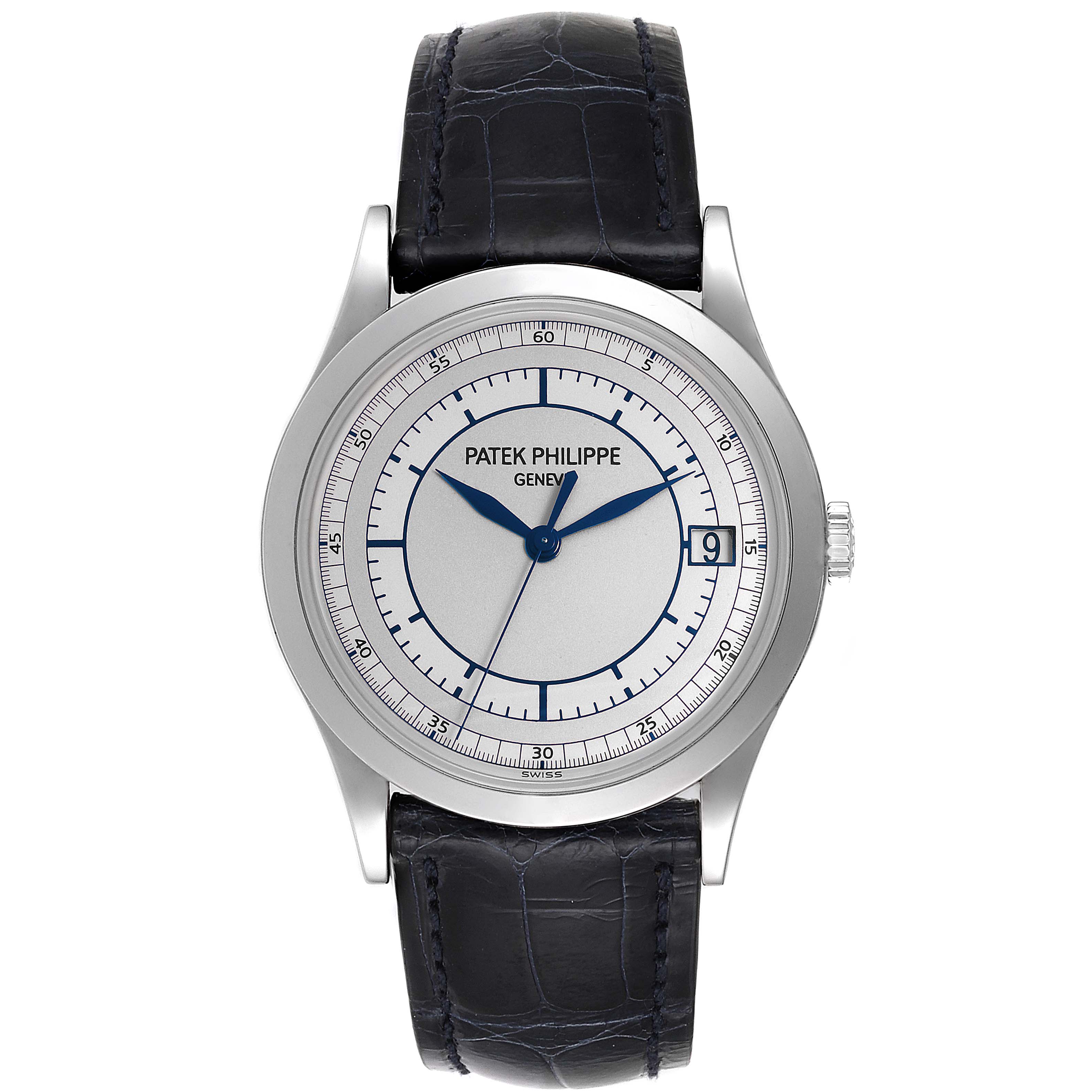 This image shows a front view of the Patek Philippe Calatrava 5296G Men's White Gold Silver Dial 5296G Men's White Gold Silver Dial watch, displaying its face, hands, date window, and leather strap.