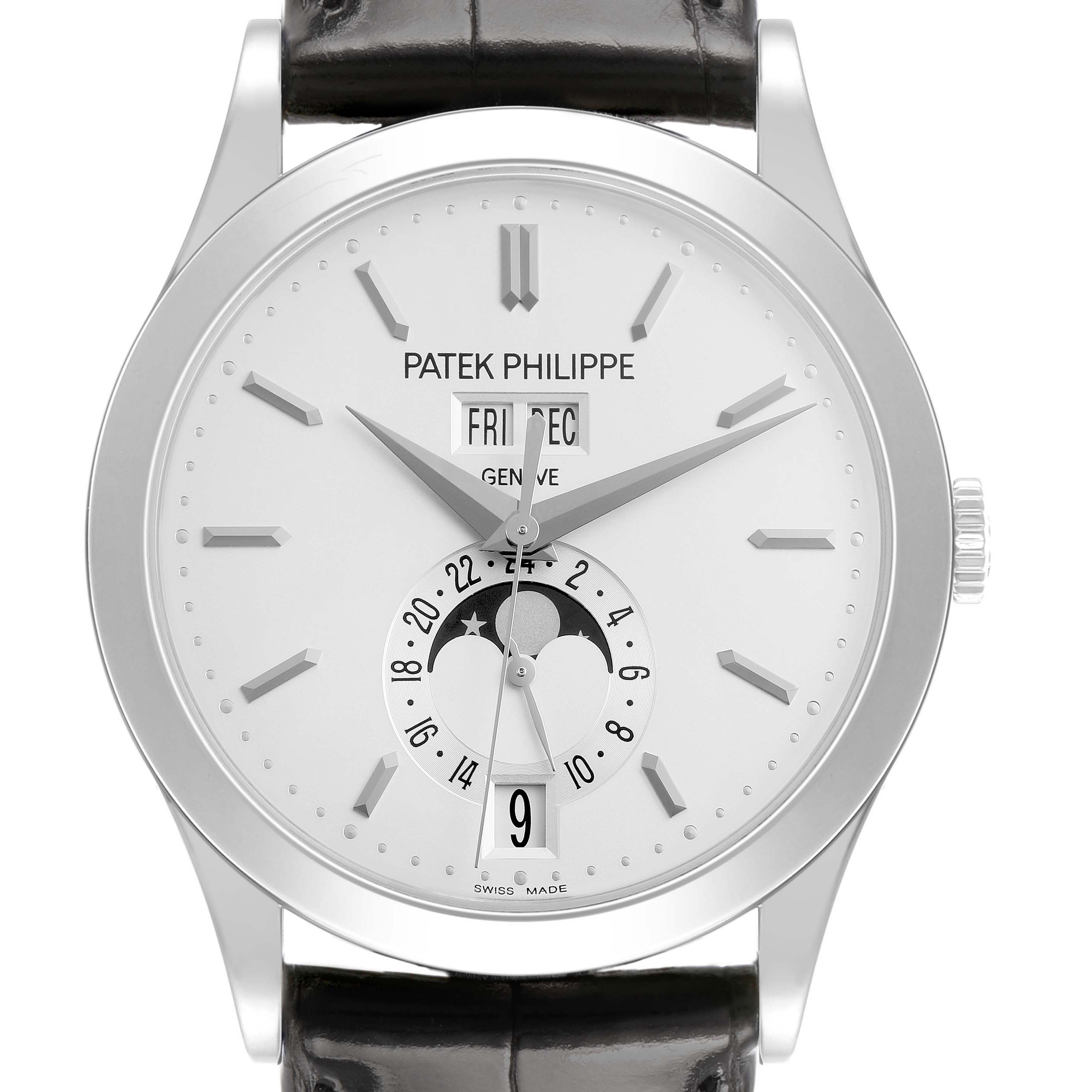 The Patek Philippe Complications 5396G Men's White Gold Silver Dial watch is shown from a front angle, displaying the dial, hands, and calendar features.