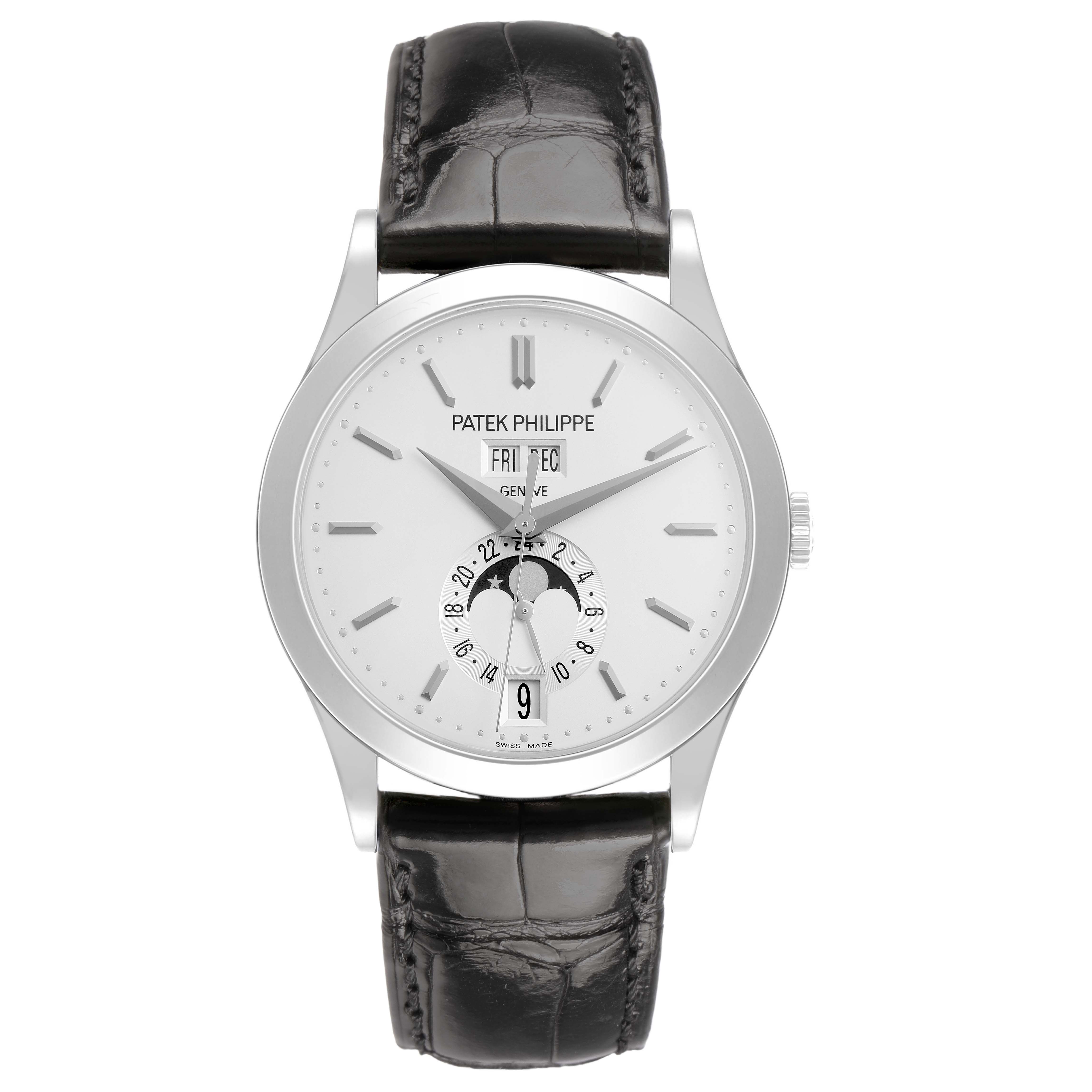 The Patek Philippe Complications 5396G Men's White Gold Silver Dial watch is shown from a front view, displaying its face, date, moon phase, and leather strap.