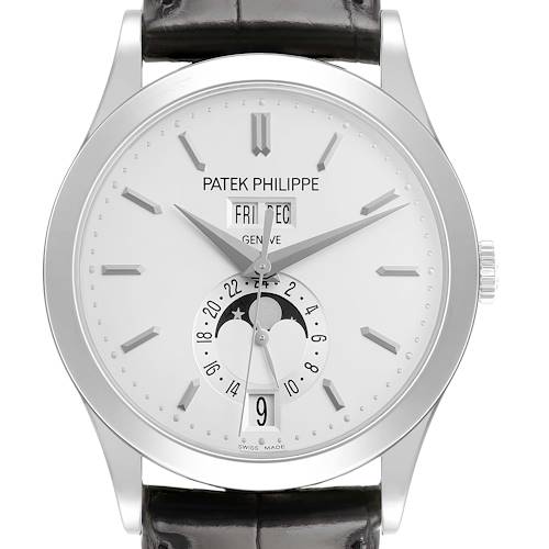 The Patek Philippe Complications 5396G Men's White Gold Silver Dial watch is shown from the front, displaying the dial, hands, subdials, and date function.