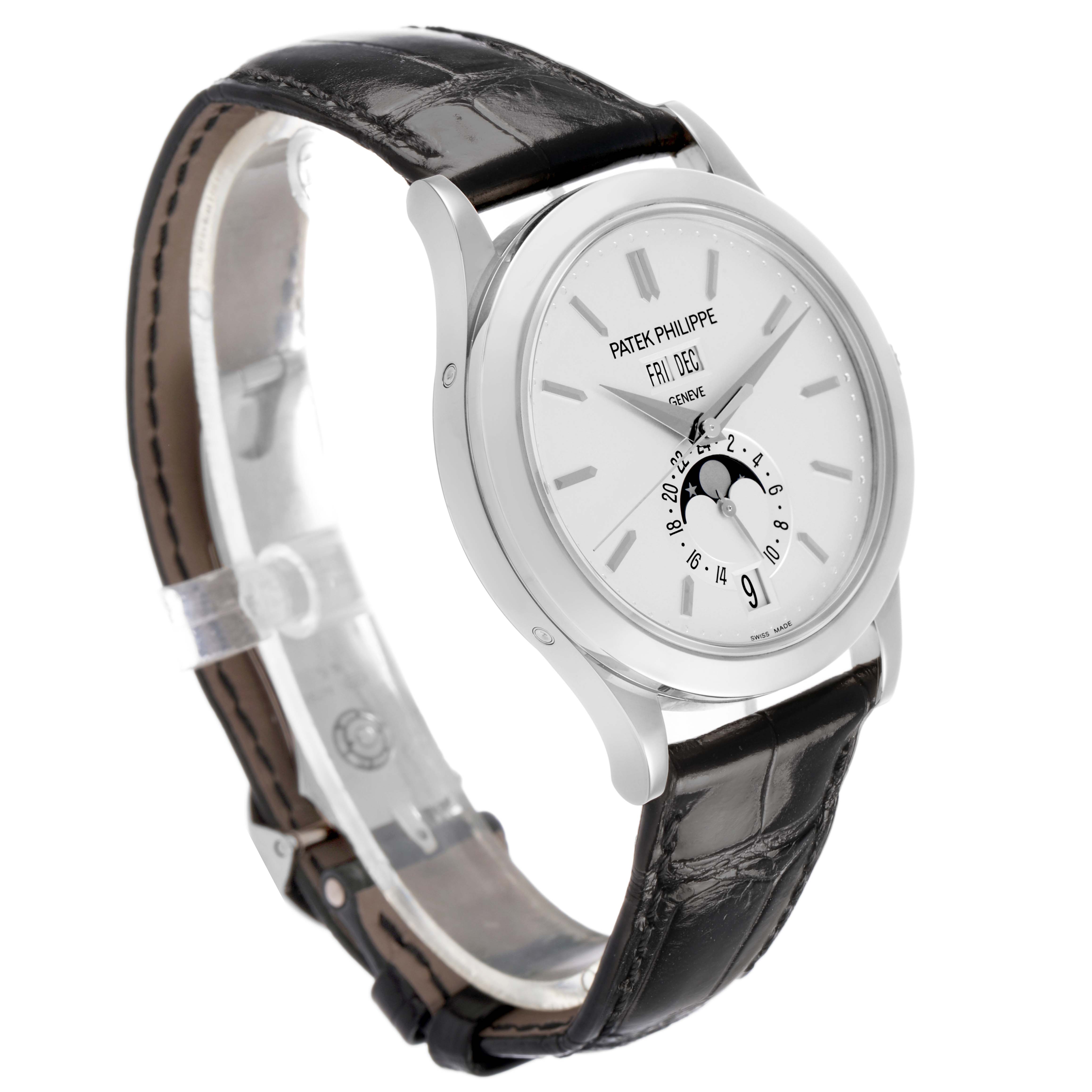 The Patek Philippe Complications 5396G Men's White Gold Silver Dial watch is shown from a side angle, displaying the dial, moon phase, casing, and leather strap.