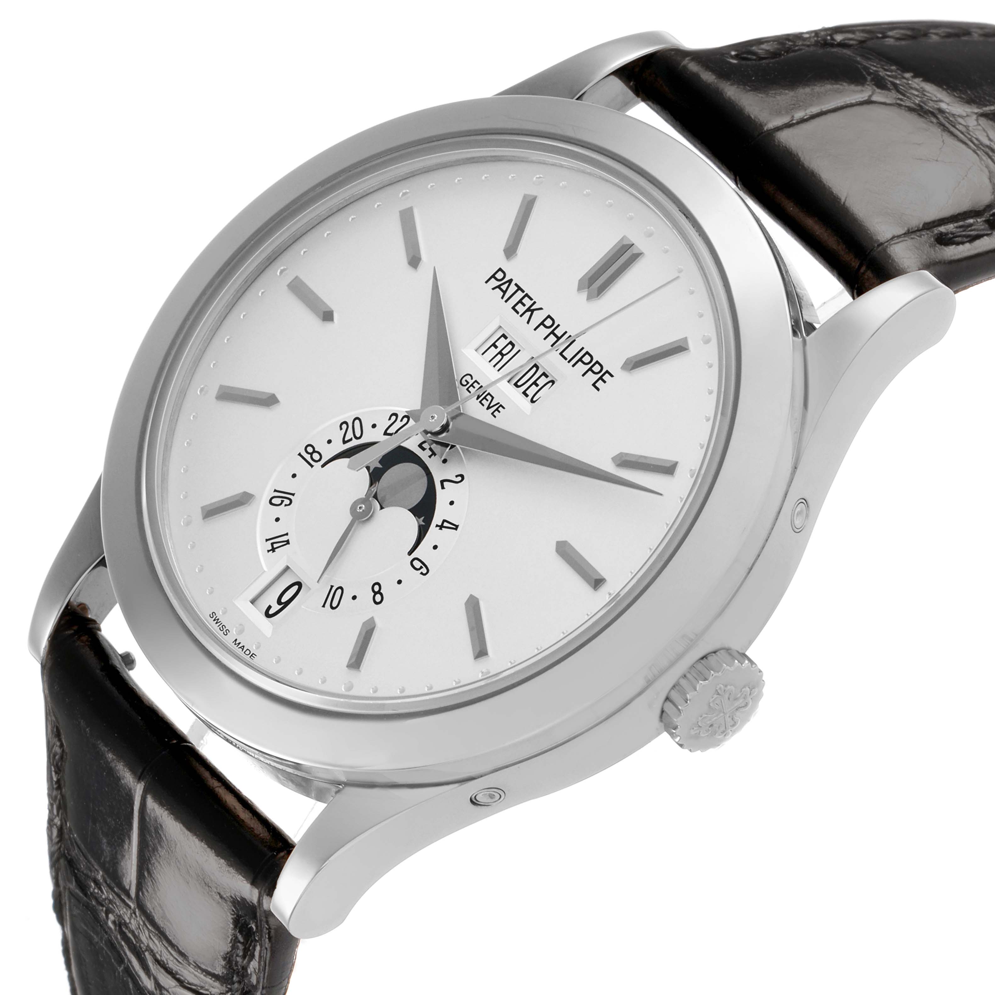 The image shows a Patek Philippe Complications 5396G Men's White Gold Silver Dial watch at an angled view displaying the dial, hands, crown, and leather strap.