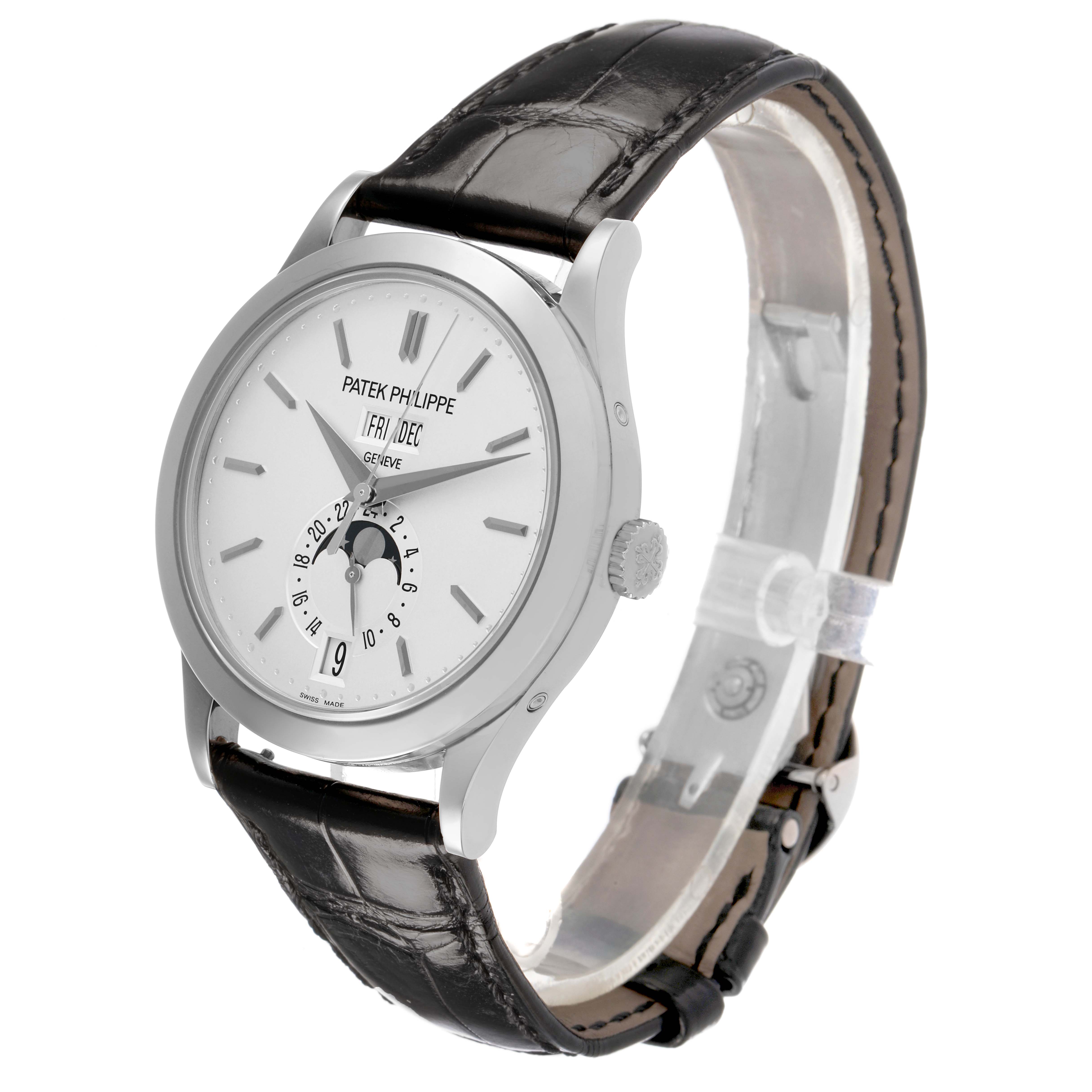 The Patek Philippe Complications 5396G Men's White Gold Silver Dial watch is shown at a slight side angle, highlighting the face, crown, and leather strap.