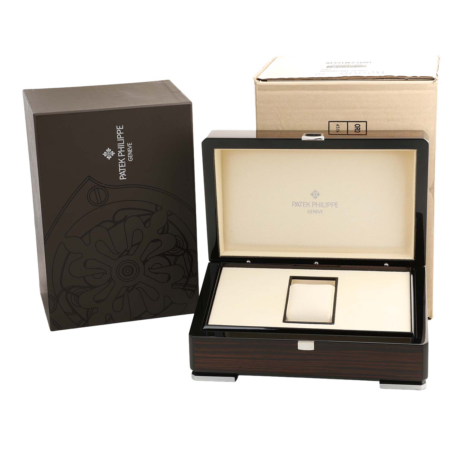 The image shows an empty Patek Philippe Complications 5396G Men's White Gold Silver Dial watch box, viewed from the front with the lid open.