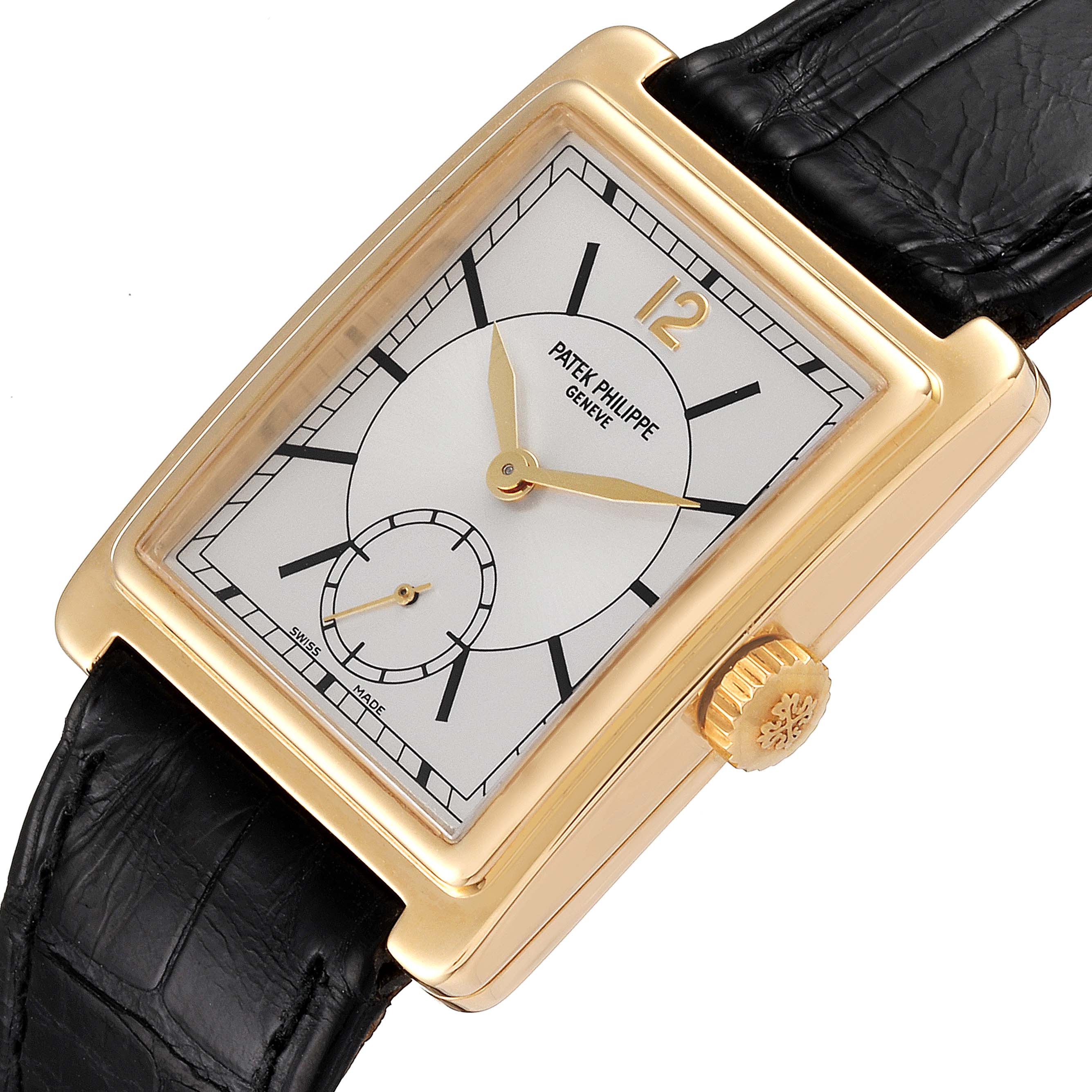 This image shows a close-up view of a Patek Philippe Gondolo 5010J Men
s Yellow Gold Silver Dial 5010J Men
s Yellow Gold Silver Dial model watch, featuring a rectangular dial with a black leather strap.