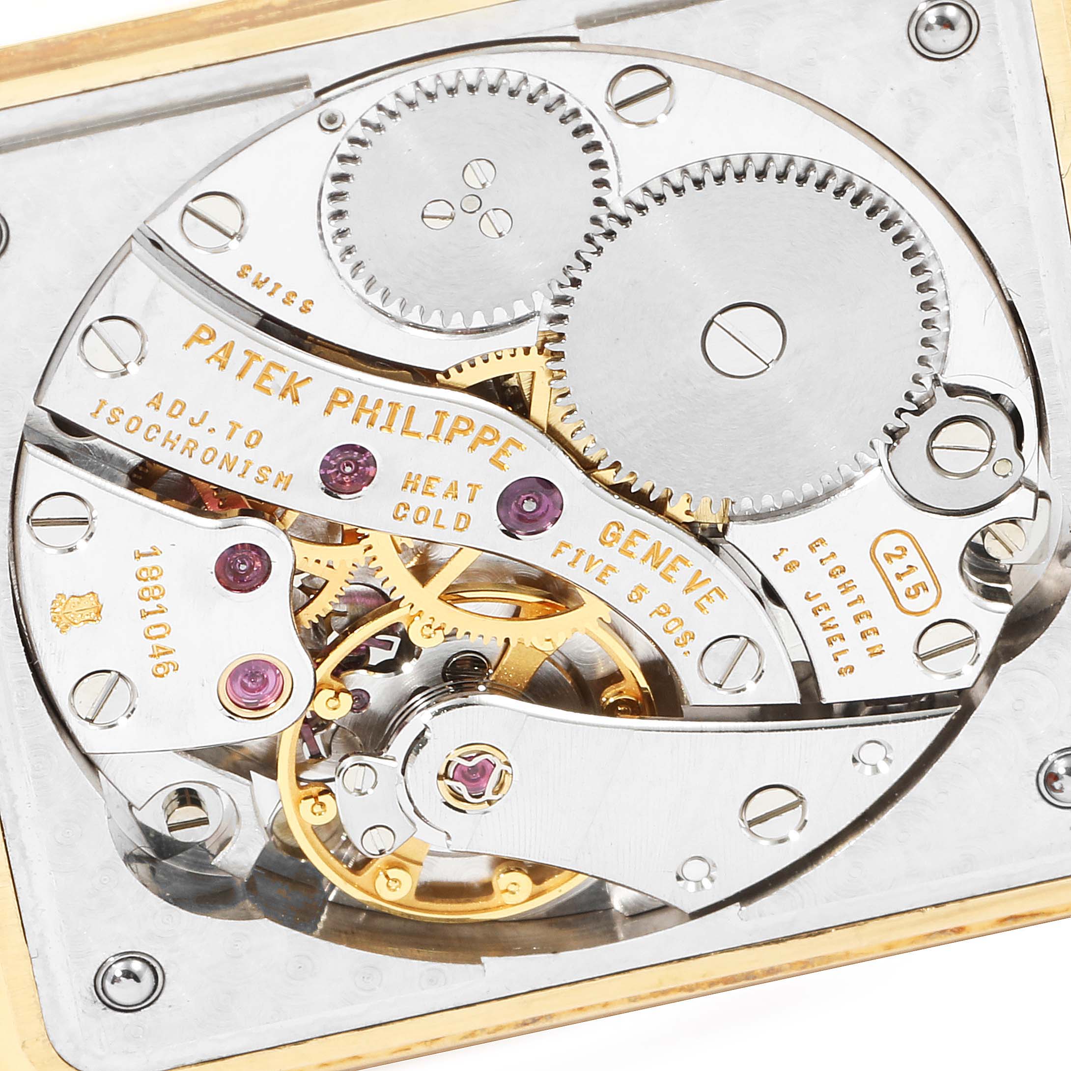 The image shows a detailed, close-up view of the movement mechanism of a Patek Philippe Gondolo 5010J Men
s Yellow Gold Silver Dial 5010J Men
s Yellow Gold Silver Dial watch.