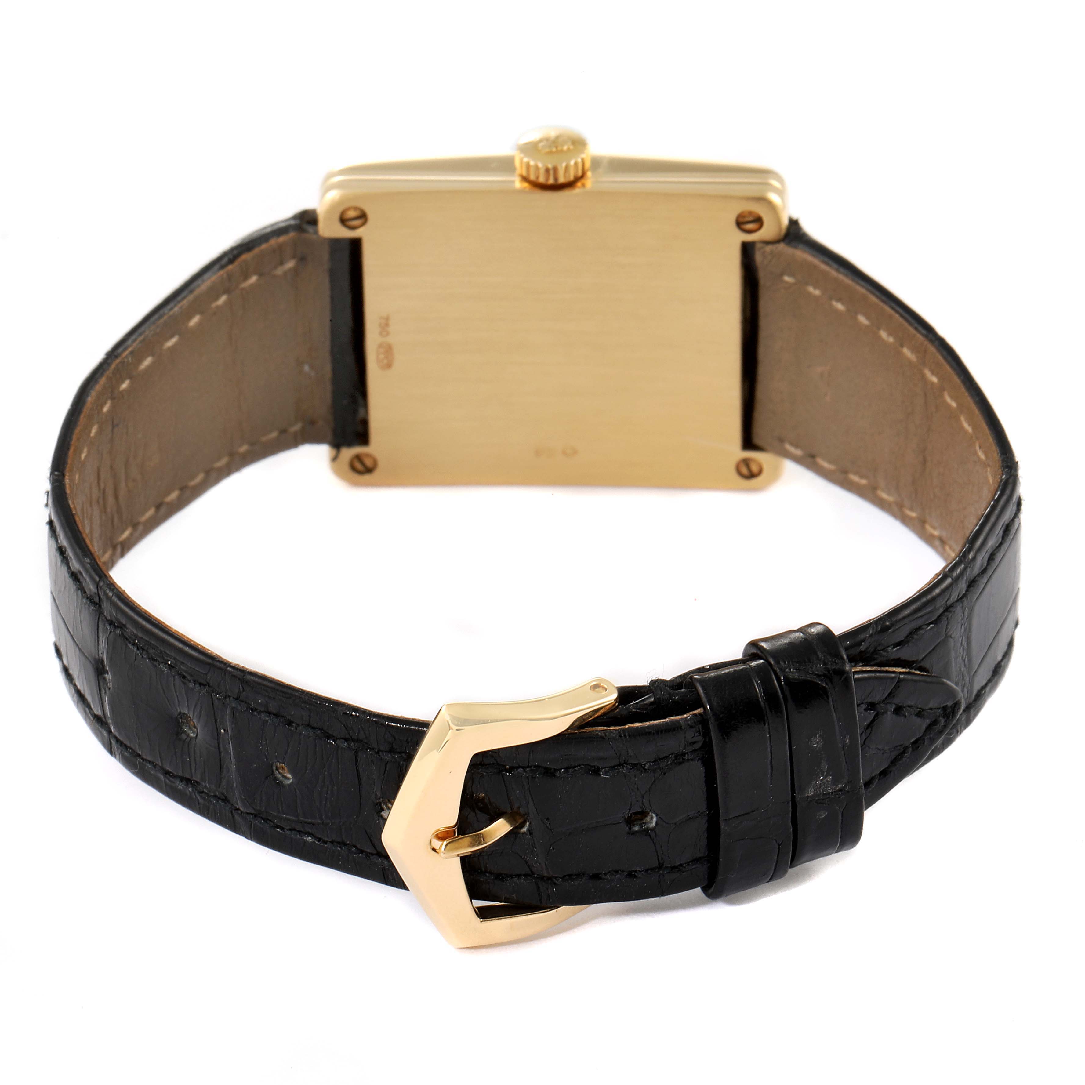 The image shows the case back and black leather strap, including buckle, of the Patek Philippe Gondolo 5010J Men
s Yellow Gold Silver Dial 5010J Men
s Yellow Gold Silver Dial model watch.