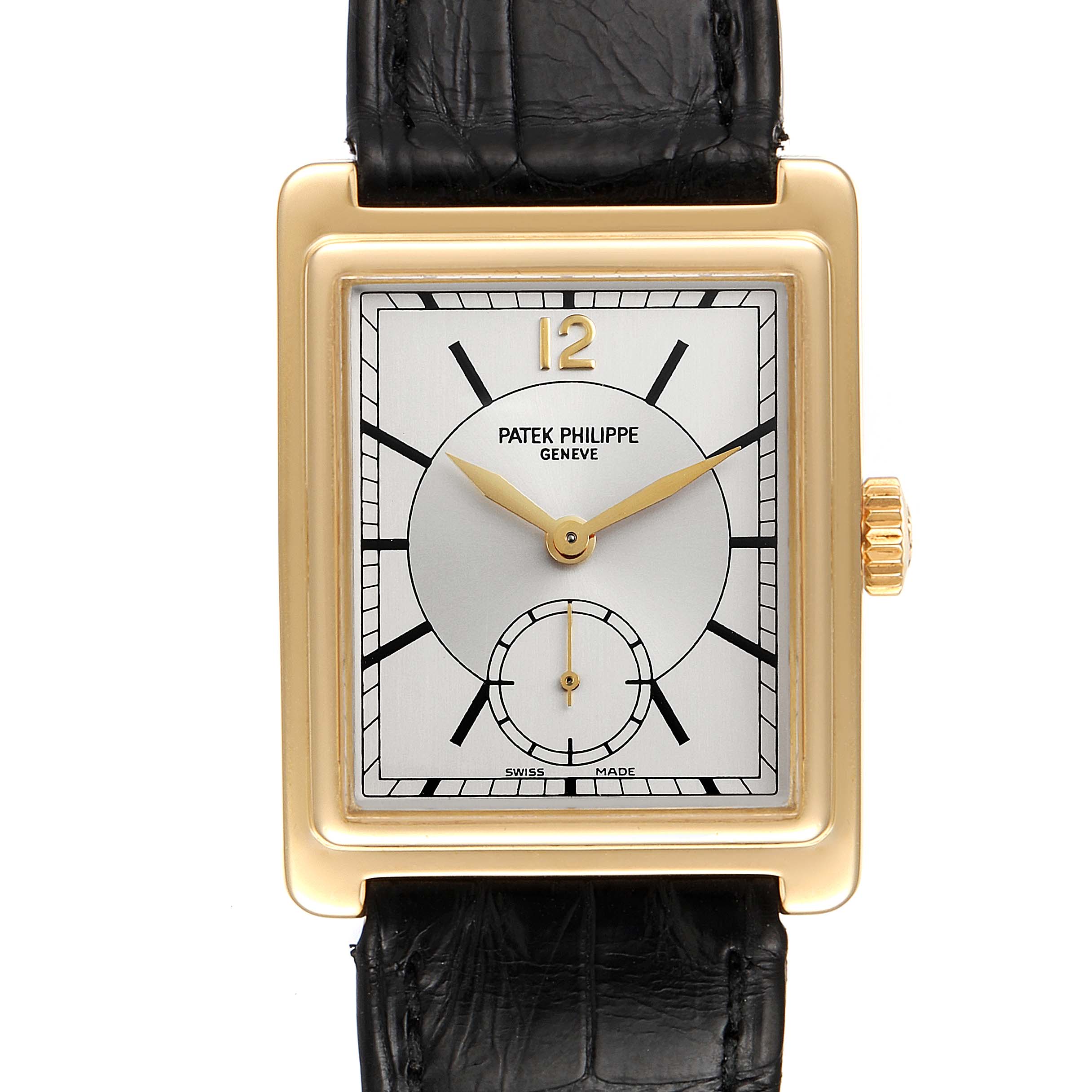 The image shows a front view of the Patek Philippe Gondolo 5010J Men
s Yellow Gold Silver Dial 5010J Men
s Yellow Gold Silver Dial watch with a rectangular gold case and black leather strap.