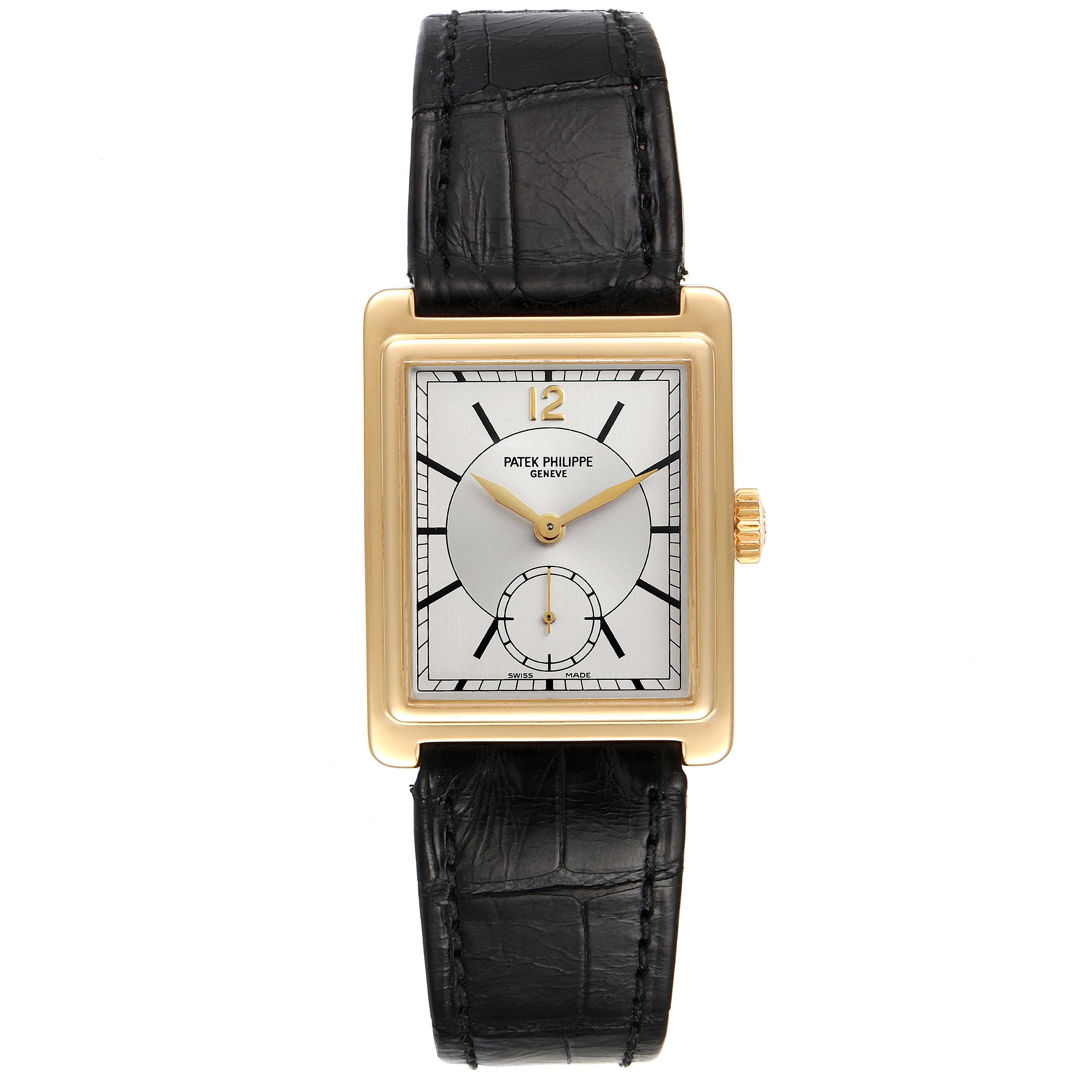 This image shows a front view of the Patek Philippe Gondolo 5010J Men
s Yellow Gold Silver Dial 5010J Men
s Yellow Gold Silver Dial watch with a black leather strap and gold rectangular case.