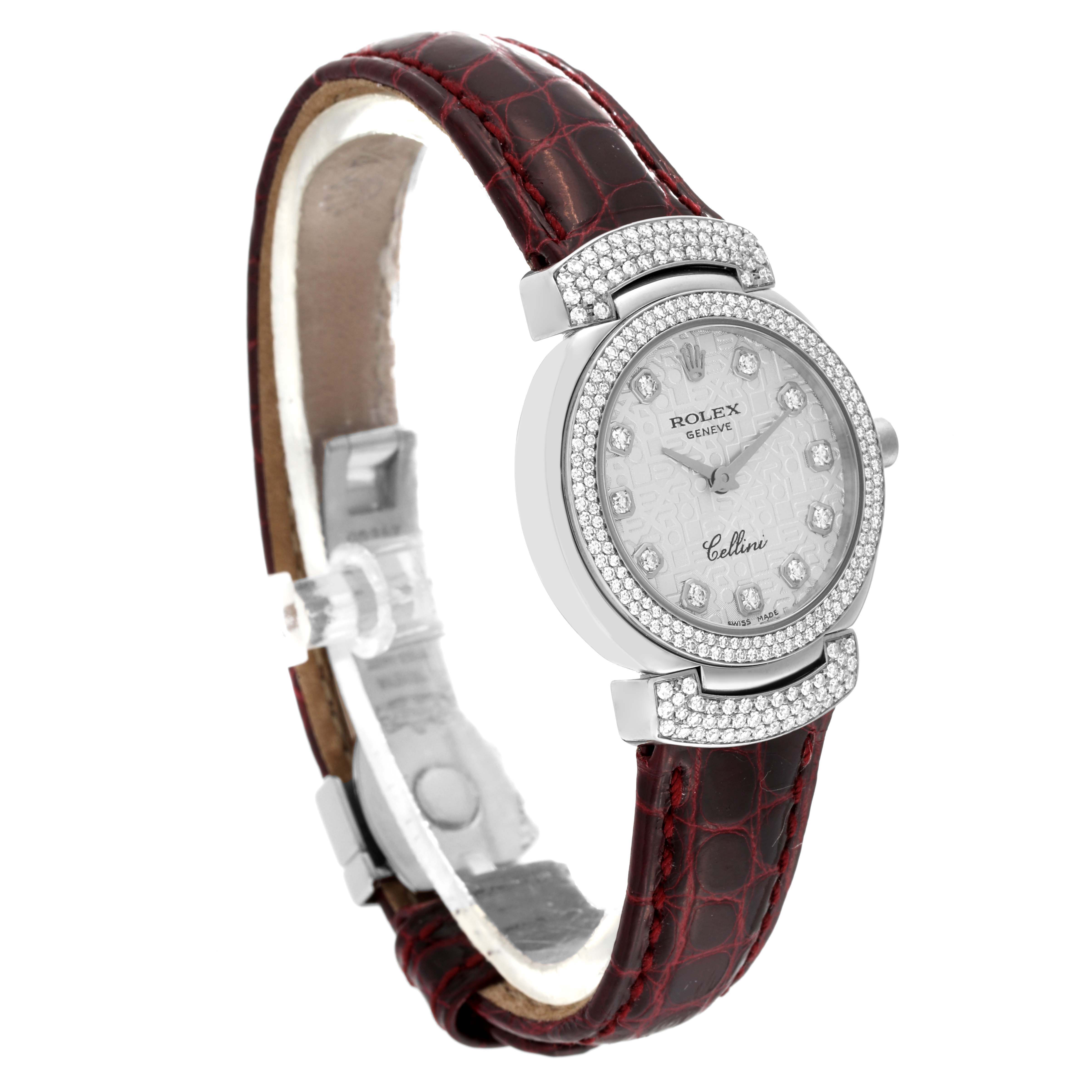 The image shows a Rolex Cellini 6673 Women's White Gold Silver Dial 6673 Women's White Gold Silver Dial watch at a slight side angle, featuring a diamond-encrusted bezel and a brown leather strap.