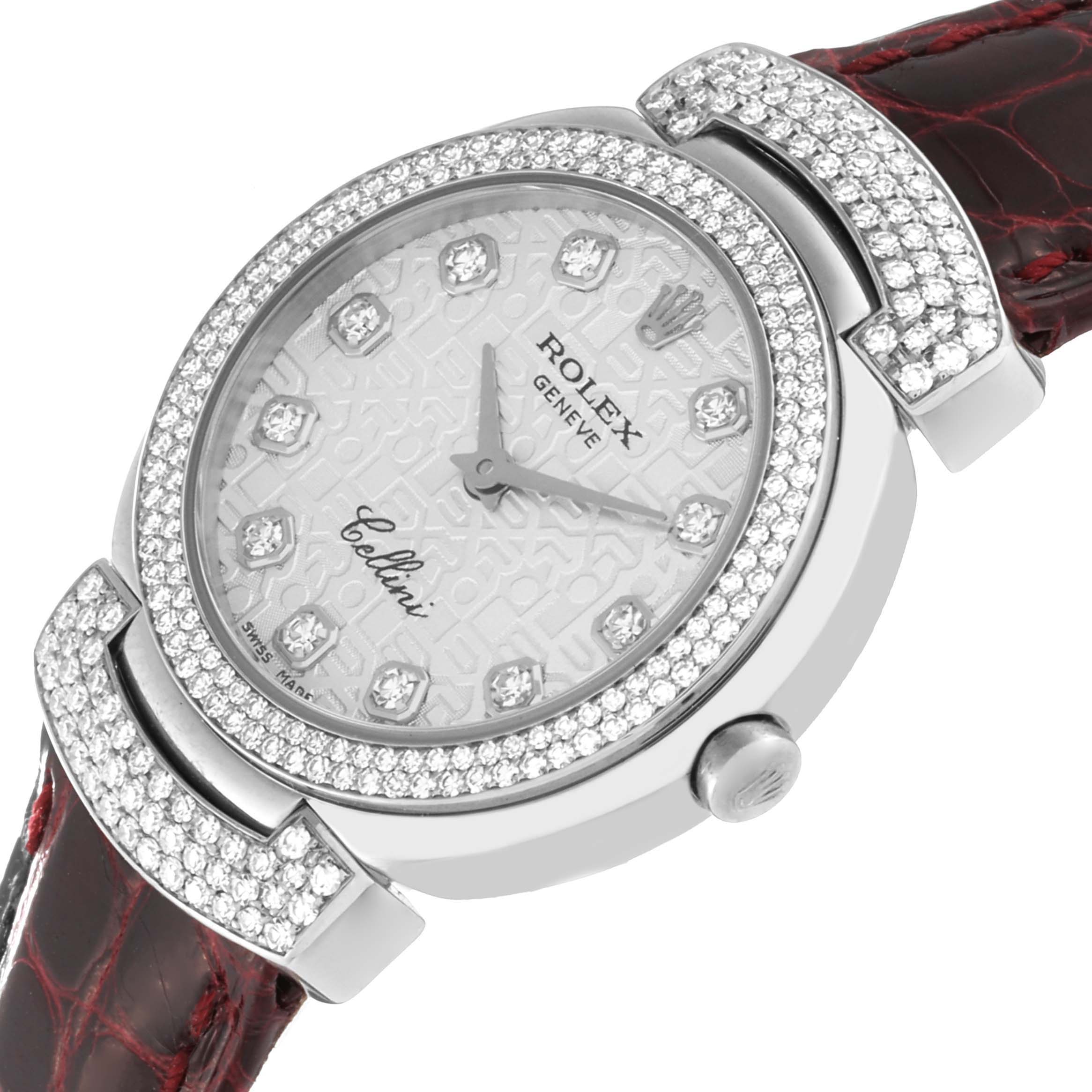 The Rolex Cellini 6673 Women's White Gold Silver Dial 6673 Women's White Gold Silver Dial watch is shown at an angled view highlighting the dial, bezel, and part of the leather strap.