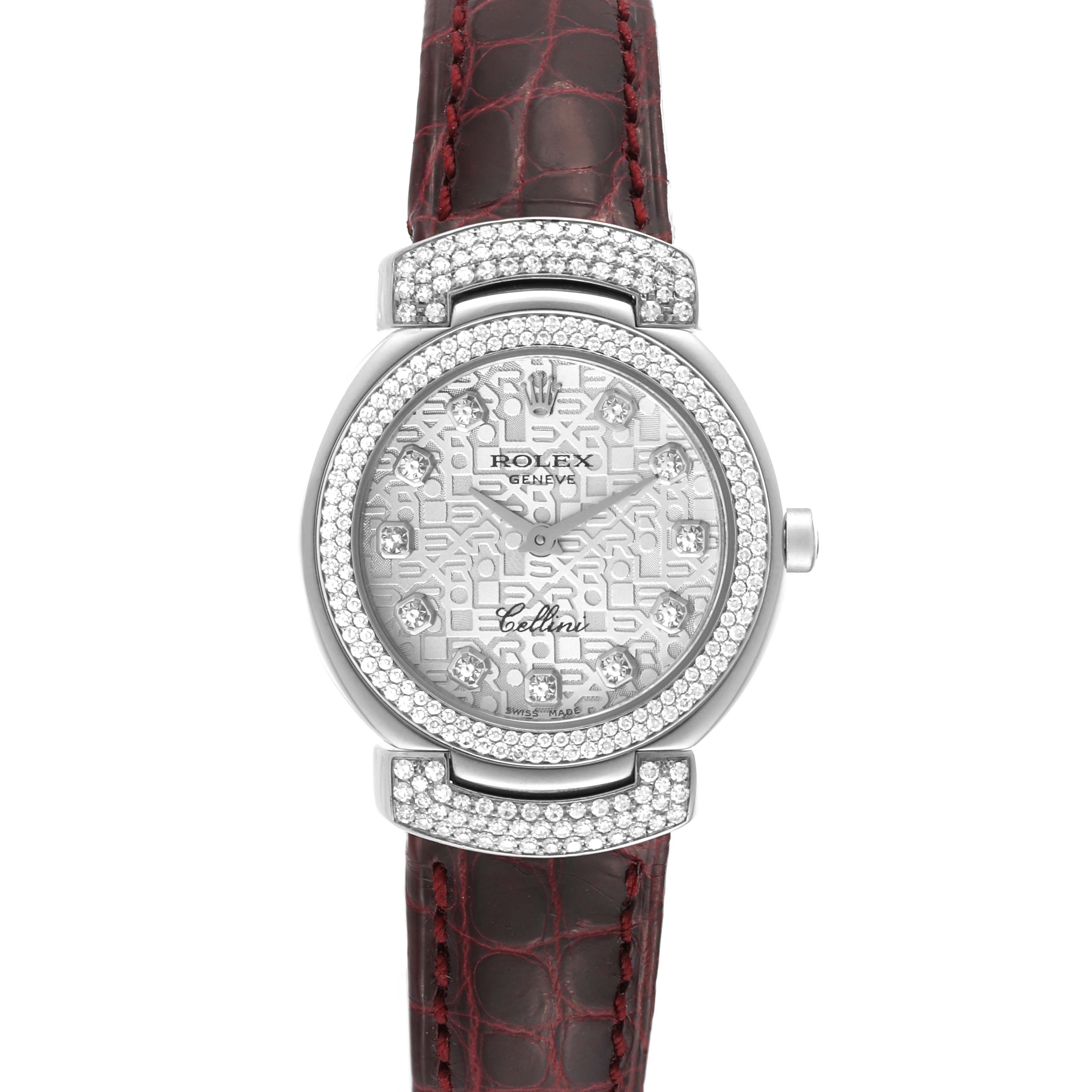 This Rolex Cellini 6673 Women's White Gold Silver Dial 6673 Women's White Gold Silver Dial watch is shown from a top-down angle, displaying the face, bezel, crown, and leather strap.