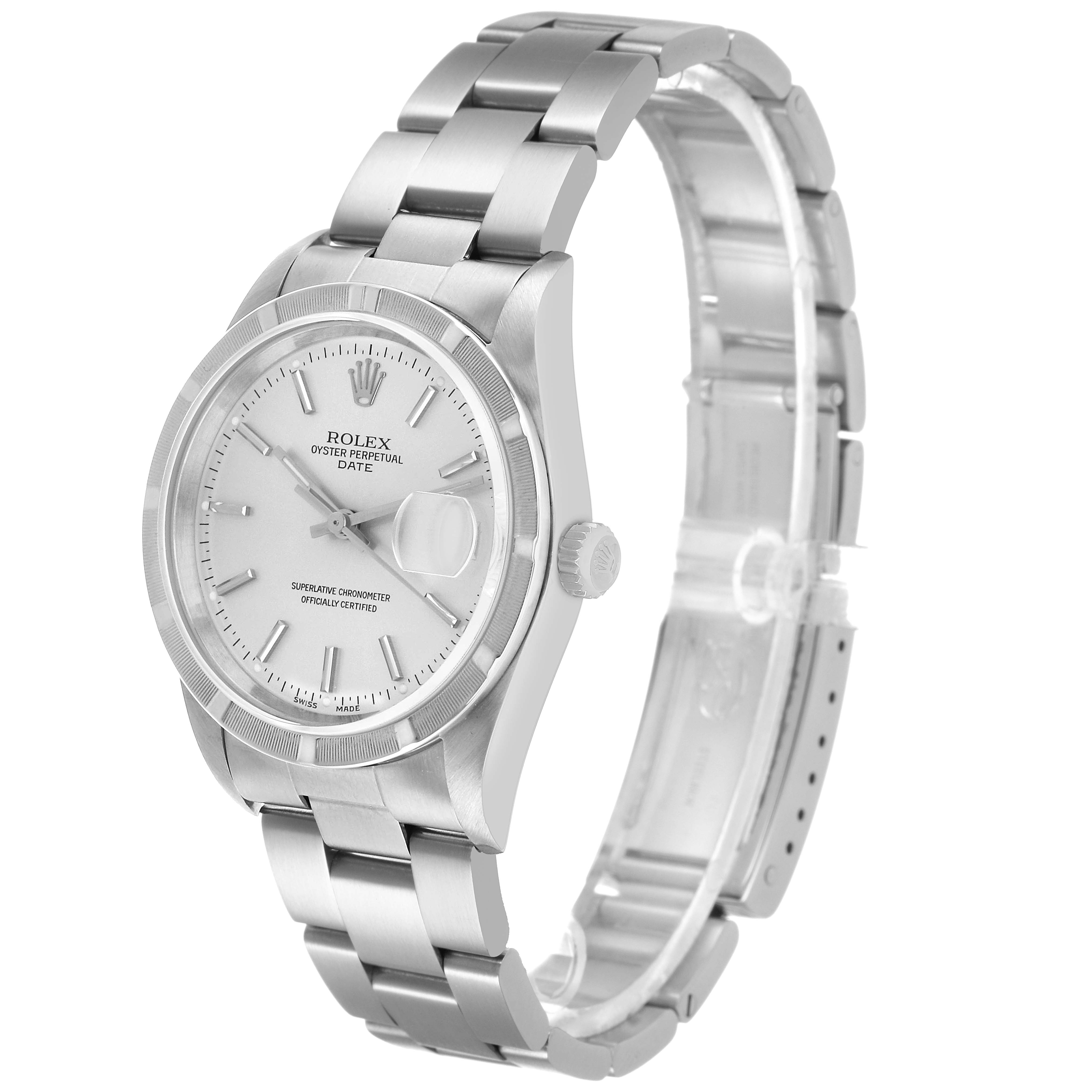 The Rolex Date 15210 Men's Stainless Steel Silver Dial watch is shown at a slight angle, displaying the face, bezel, case, and part of the bracelet.