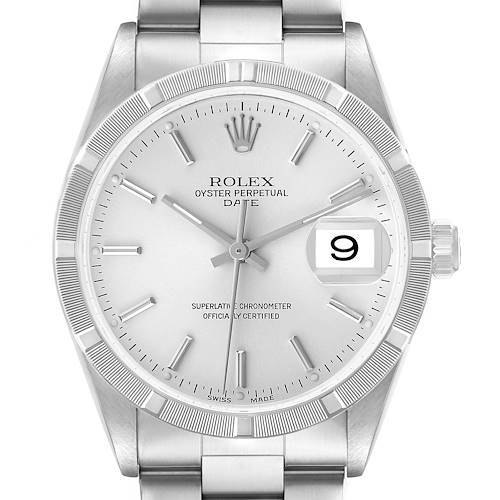 The image shows a front view of the Rolex Date 15210 Men's Stainless Steel Silver Dial, featuring the dial, bezel, crown, and bracelet.