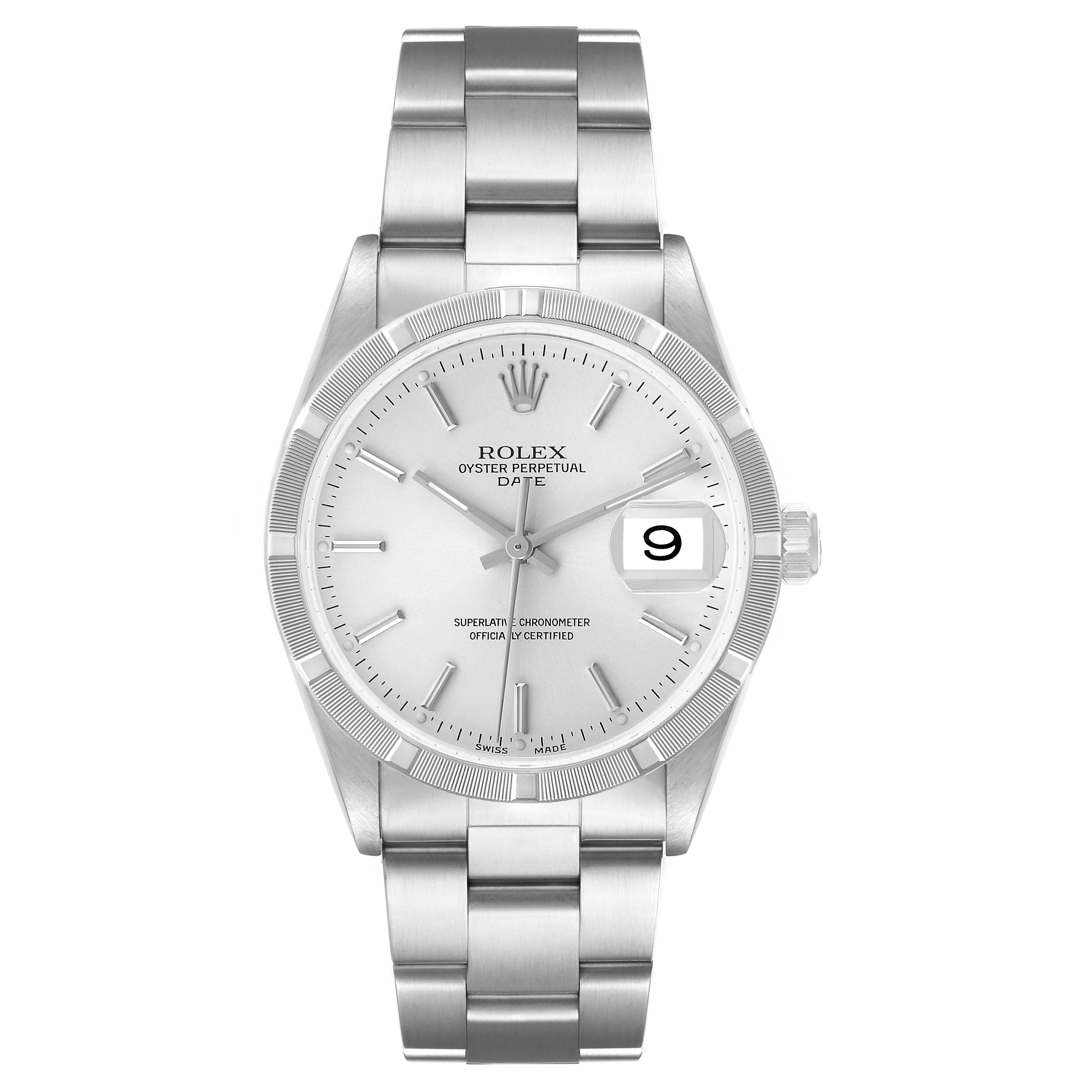 The Rolex Date 15210 Men's Stainless Steel Silver Dial model watch is shown from a front angle, displaying the face, bezel, bracelet, and date window.