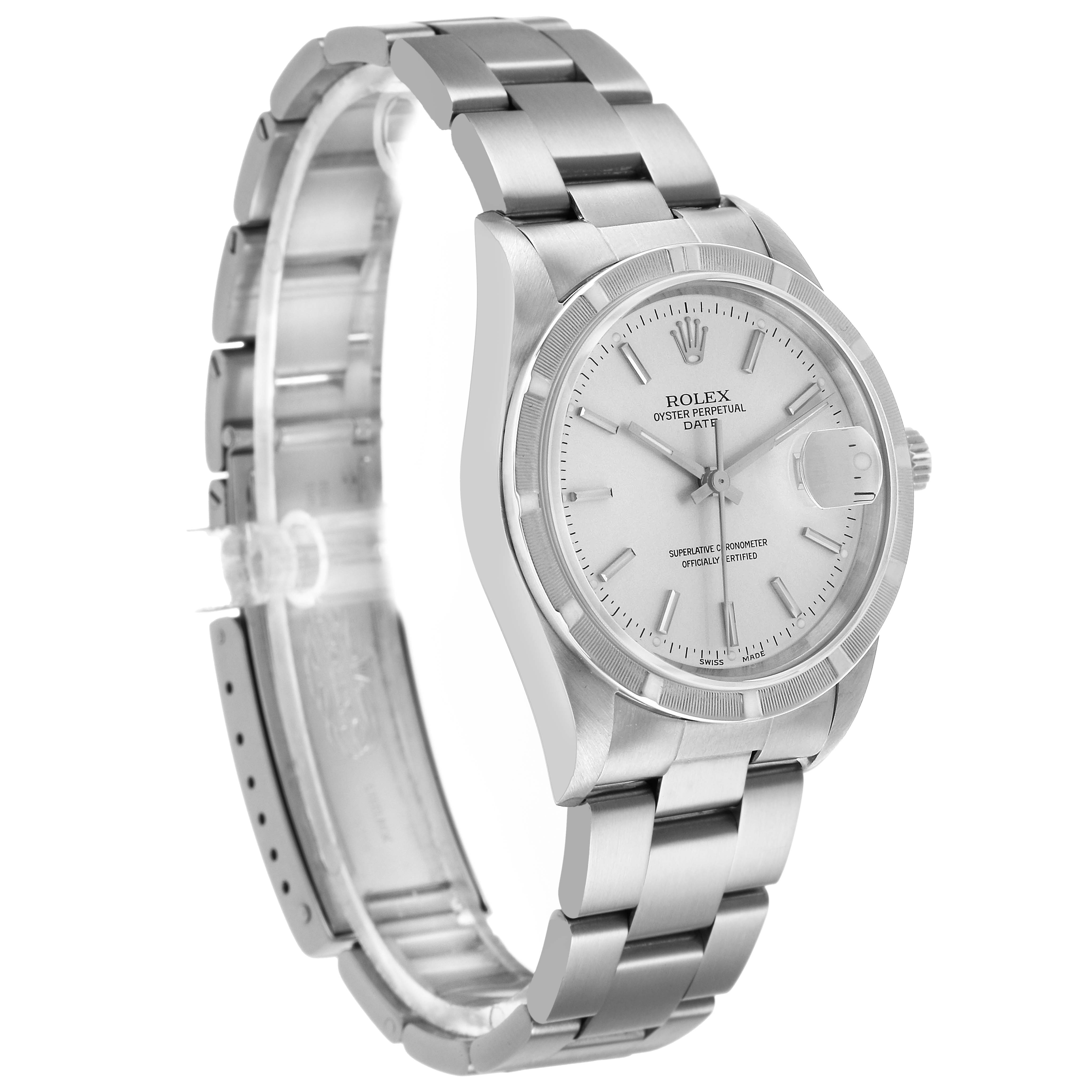 The Rolex Date 15210 Men's Stainless Steel Silver Dial watch is shown from a slightly angled front view, displaying its dial, bezel, and bracelet.