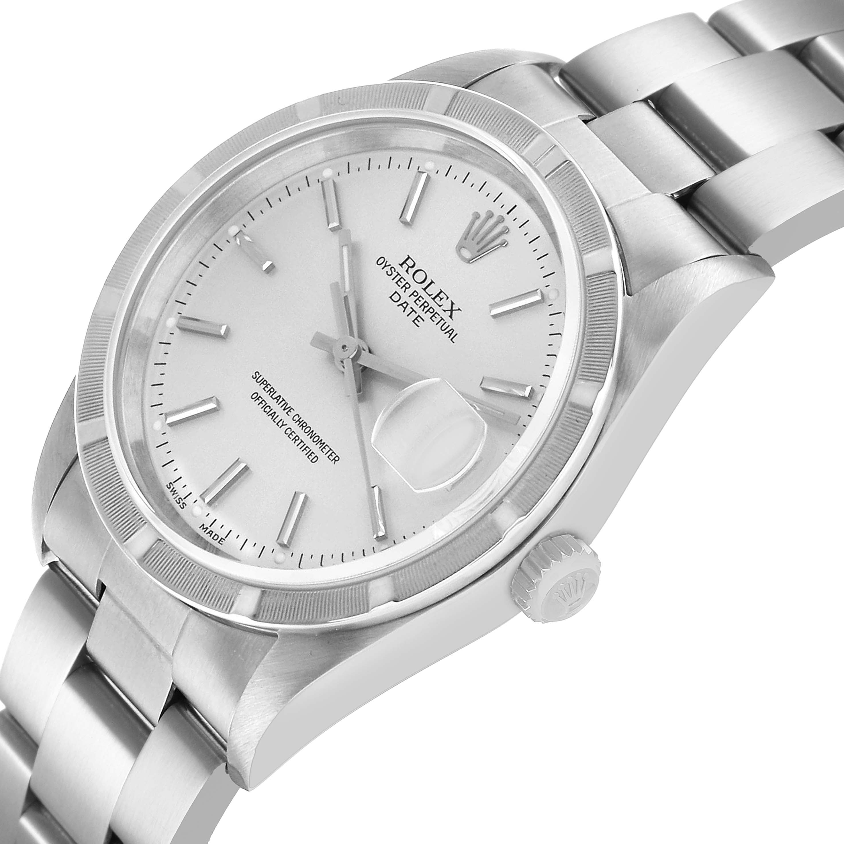 The Rolex Date 15210 Men's Stainless Steel Silver Dial watch is shown at an oblique angle, highlighting the dial, bezel, crown, and bracelet.